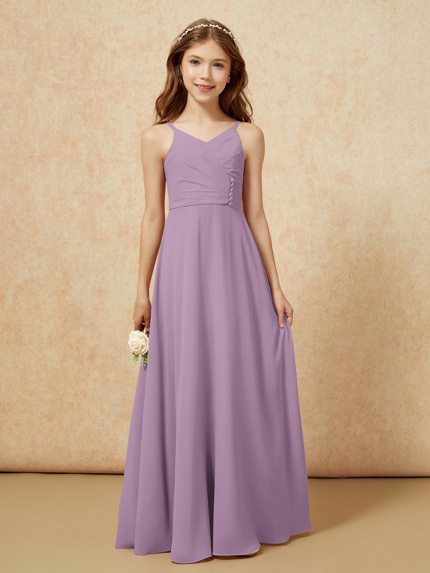 V-neck Pleated Chiffon Long Junior Bridesmaid Dresses Wisteria - Image 6