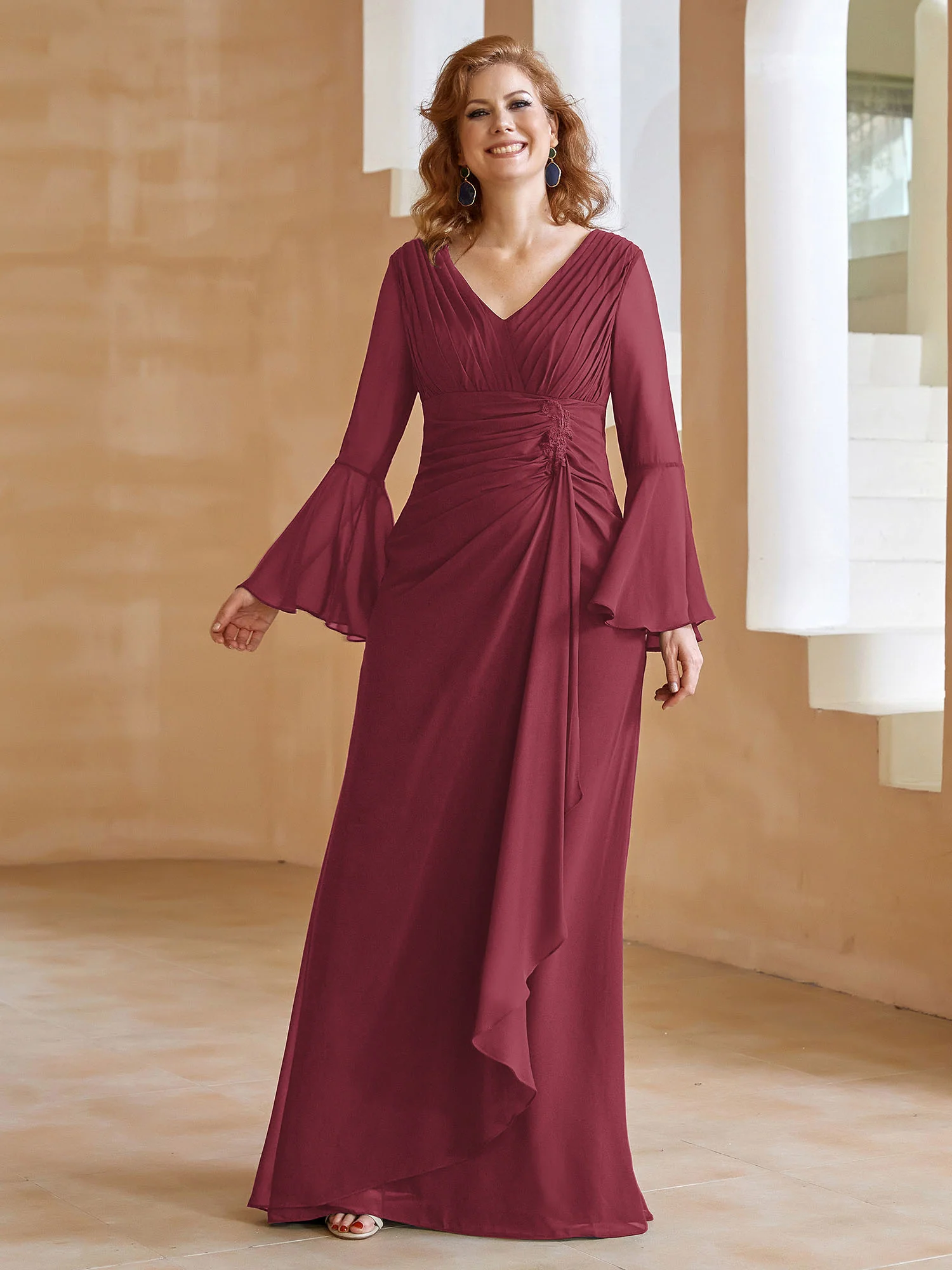 V Neck Pleated Floor-Length Dress Cinnamon Rose