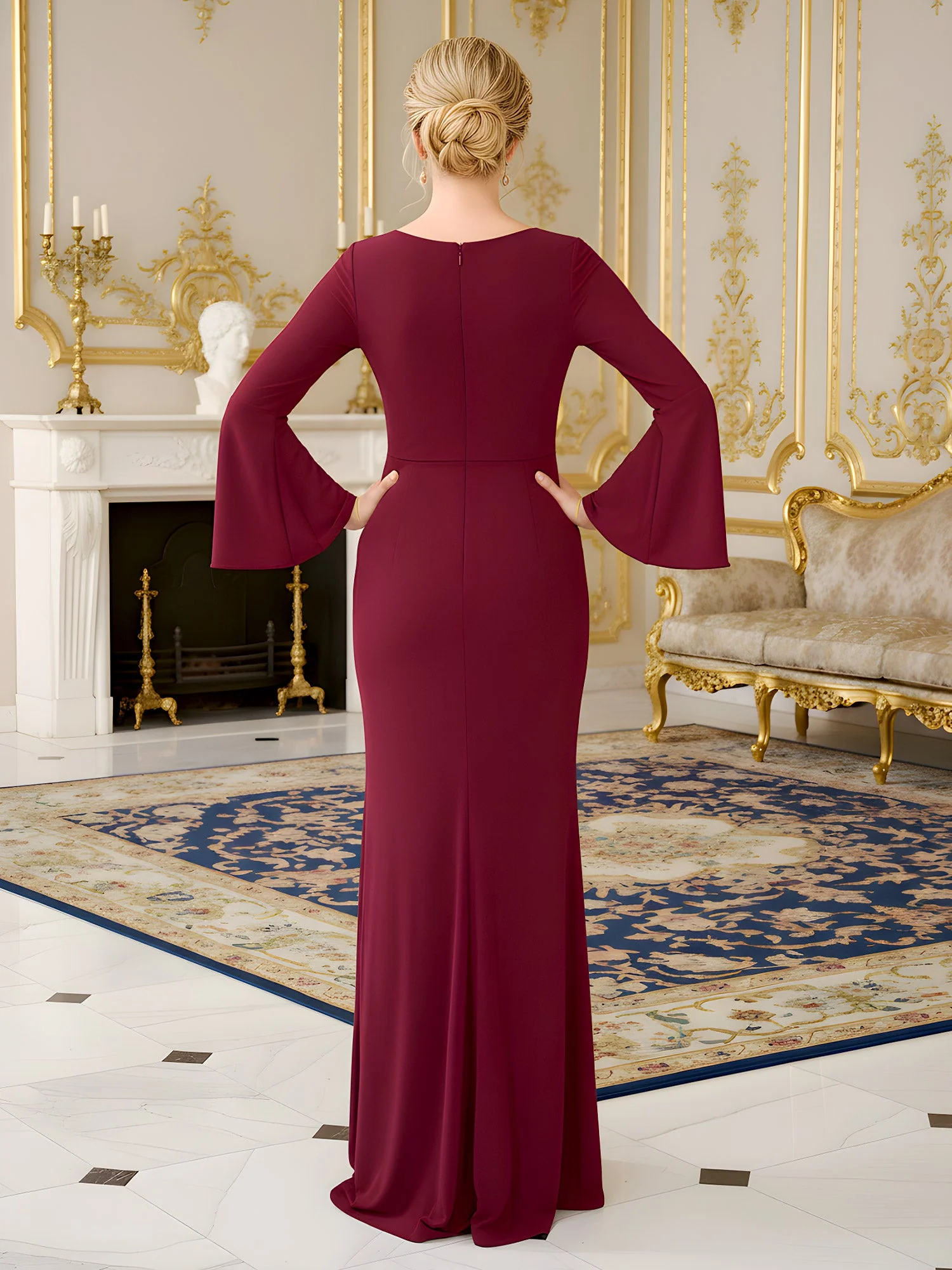 V-neck Pleated Long Flared Sleeves Sheath Dress Steel Grey - Image 2