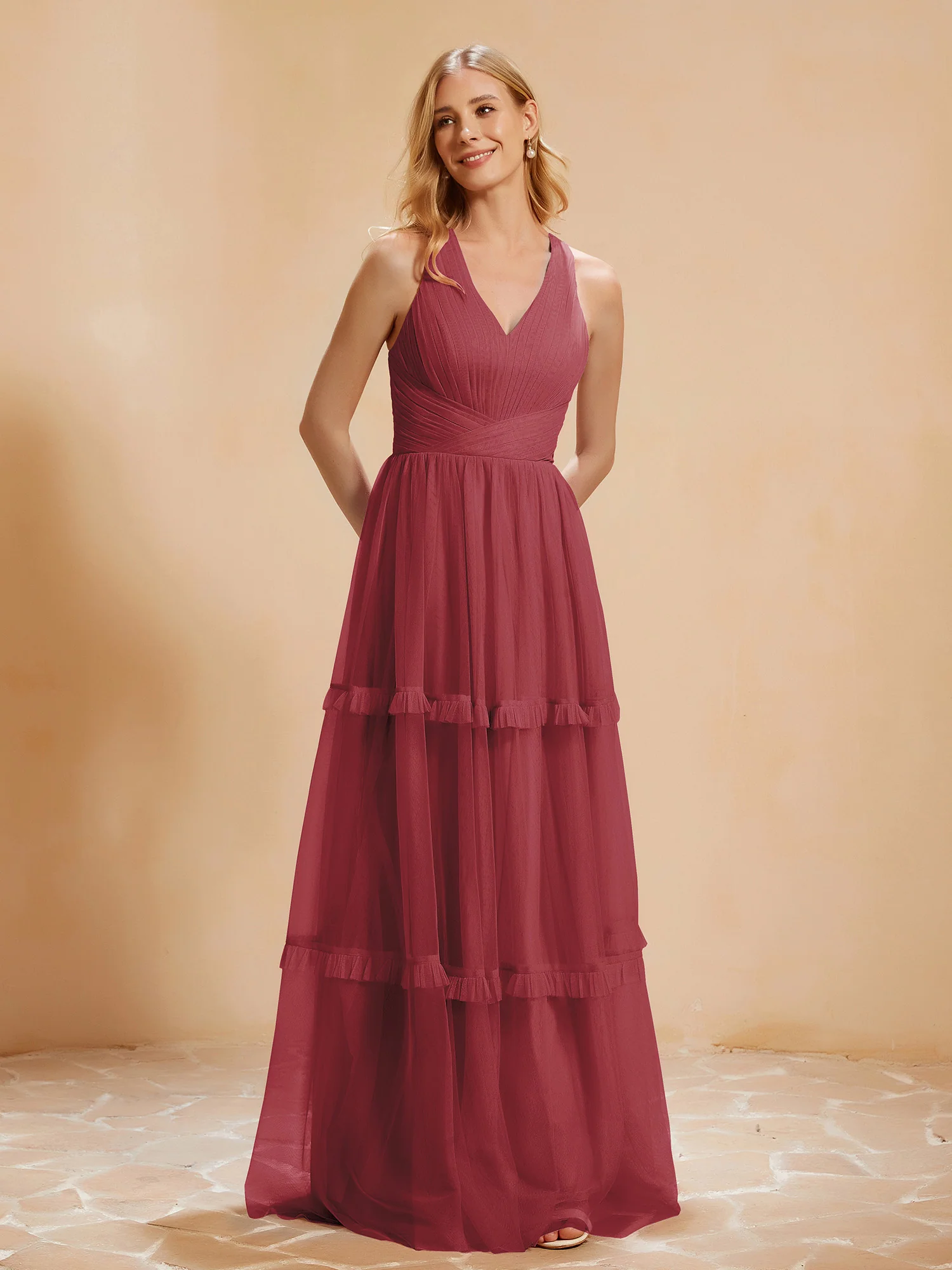V-neck Pleated Ruffle Floor-length Tulle Dress Cinnamon Rose