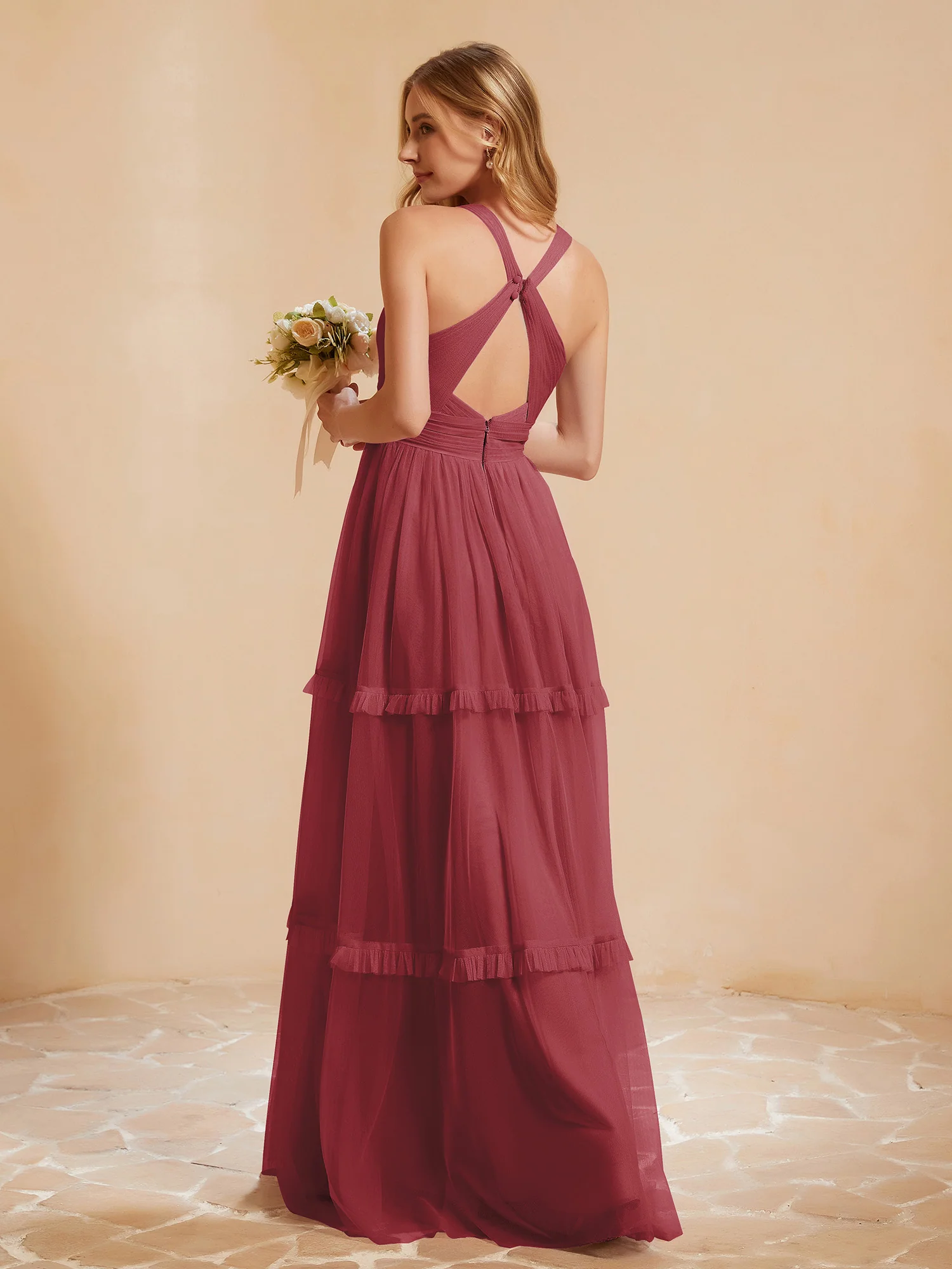 V-neck Pleated Ruffle Floor-length Tulle Dress Cinnamon Rose - Image 2