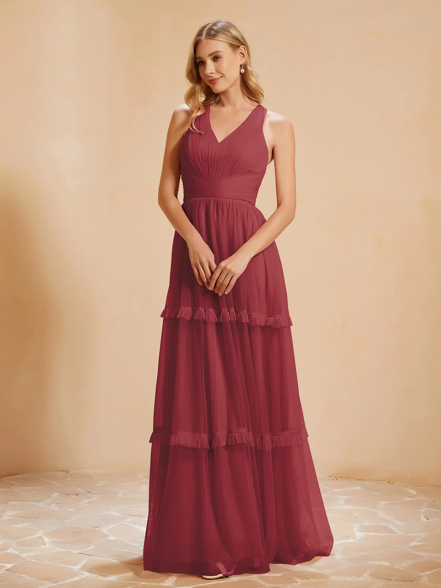 V-neck Pleated Ruffle Floor-length Tulle Dress Cinnamon Rose - Image 3