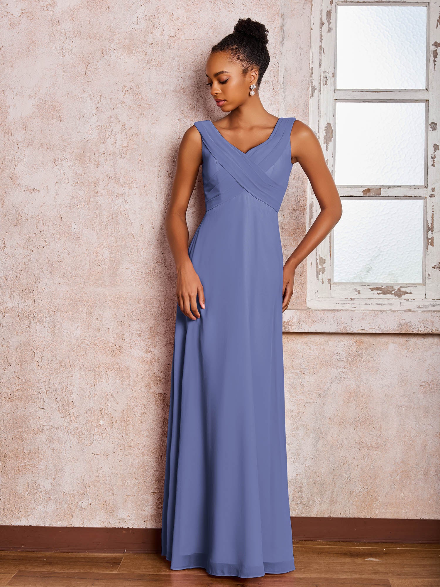 V-neck Pleated Sleeveless A-line Chiffon Dresses Periwinkle - Image 3