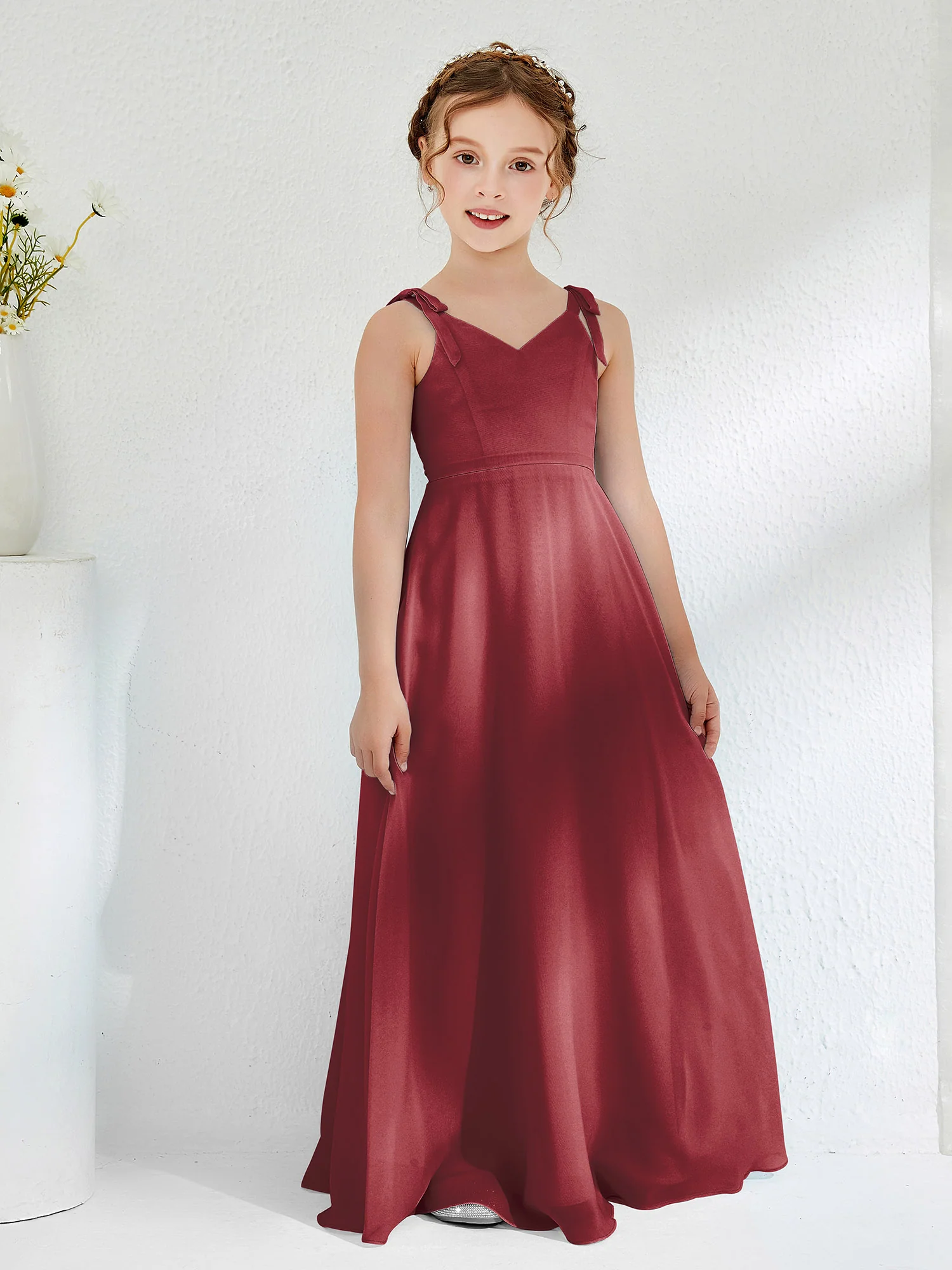 V-neck Ruched Floor-length Junior Bridesmaid Dresses Cinnamon Rose