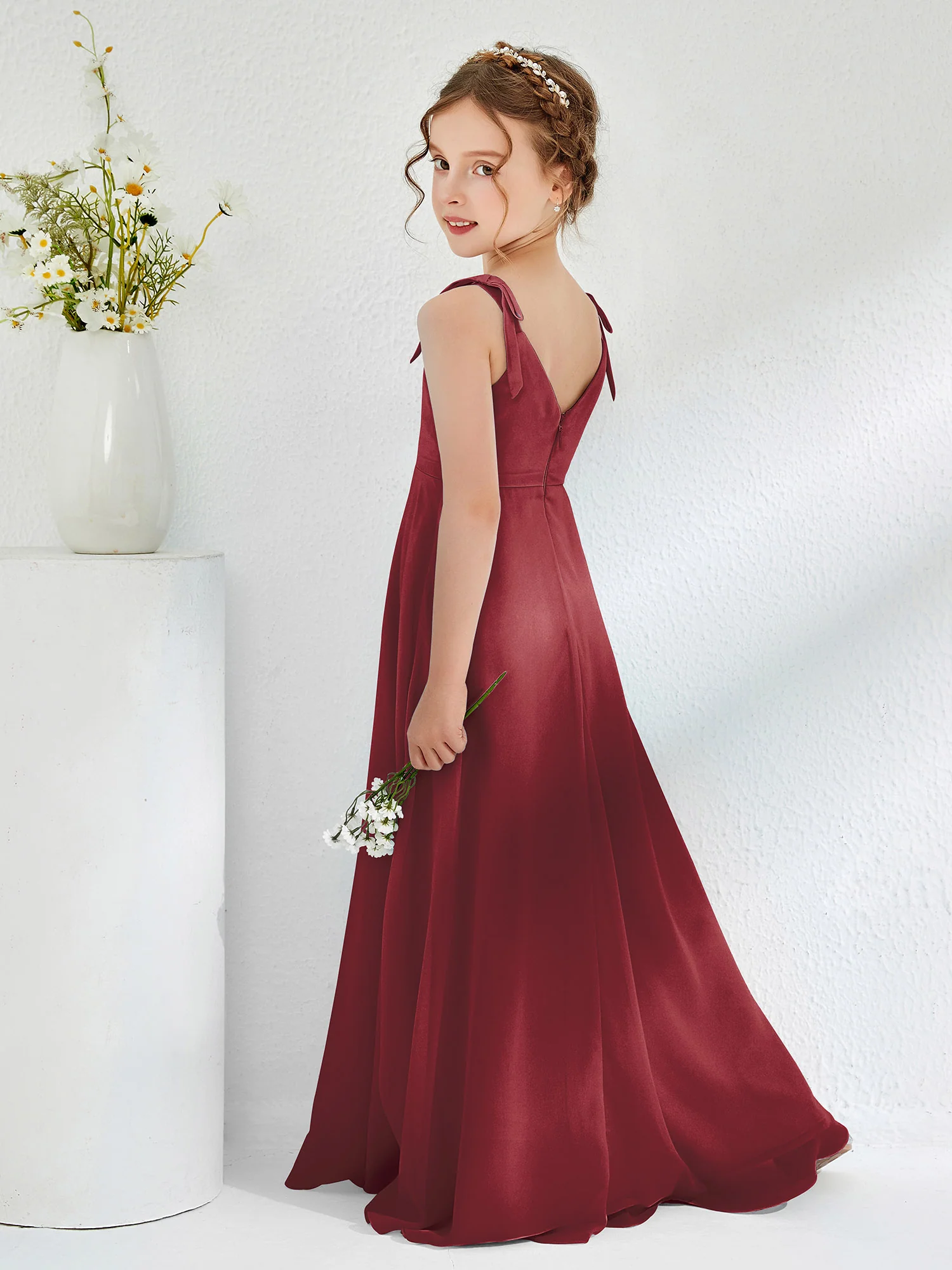V-neck Ruched Floor-length Junior Bridesmaid Dresses Cinnamon Rose - Image 2