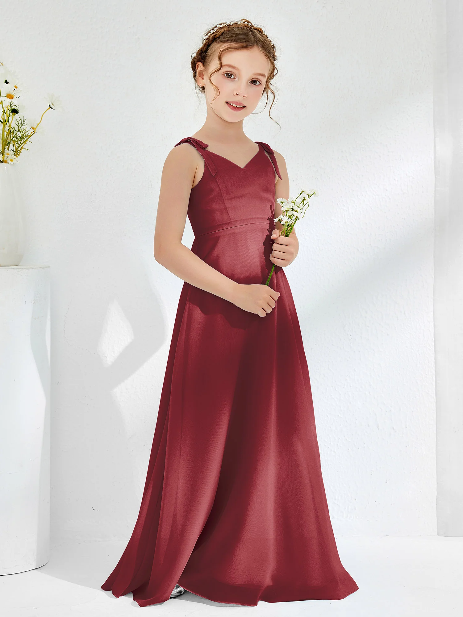 V-neck Ruched Floor-length Junior Bridesmaid Dresses Cinnamon Rose - Image 3