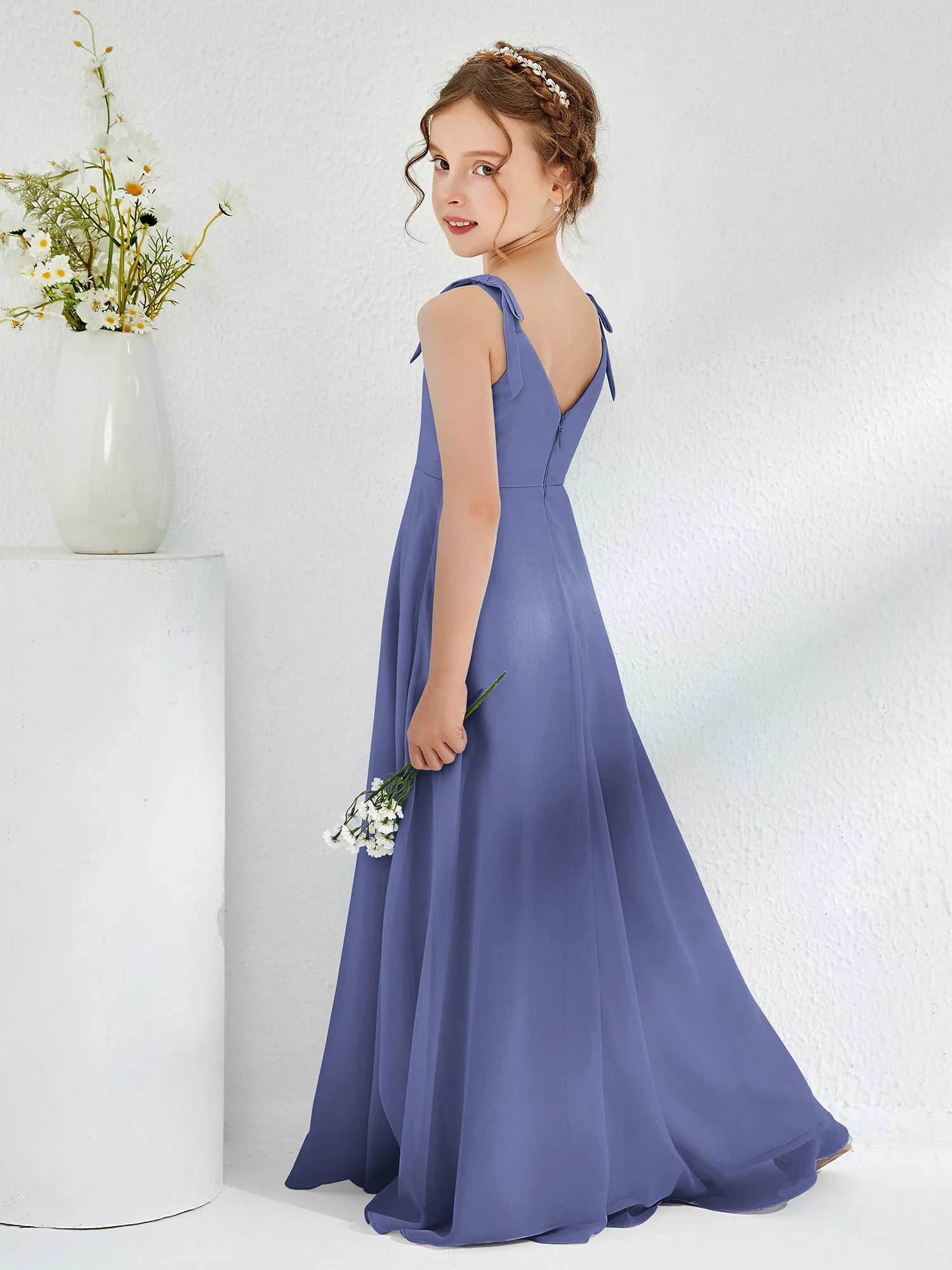 V-neck Ruched Floor-length Junior Bridesmaid Dresses Periwinkle - Image 2