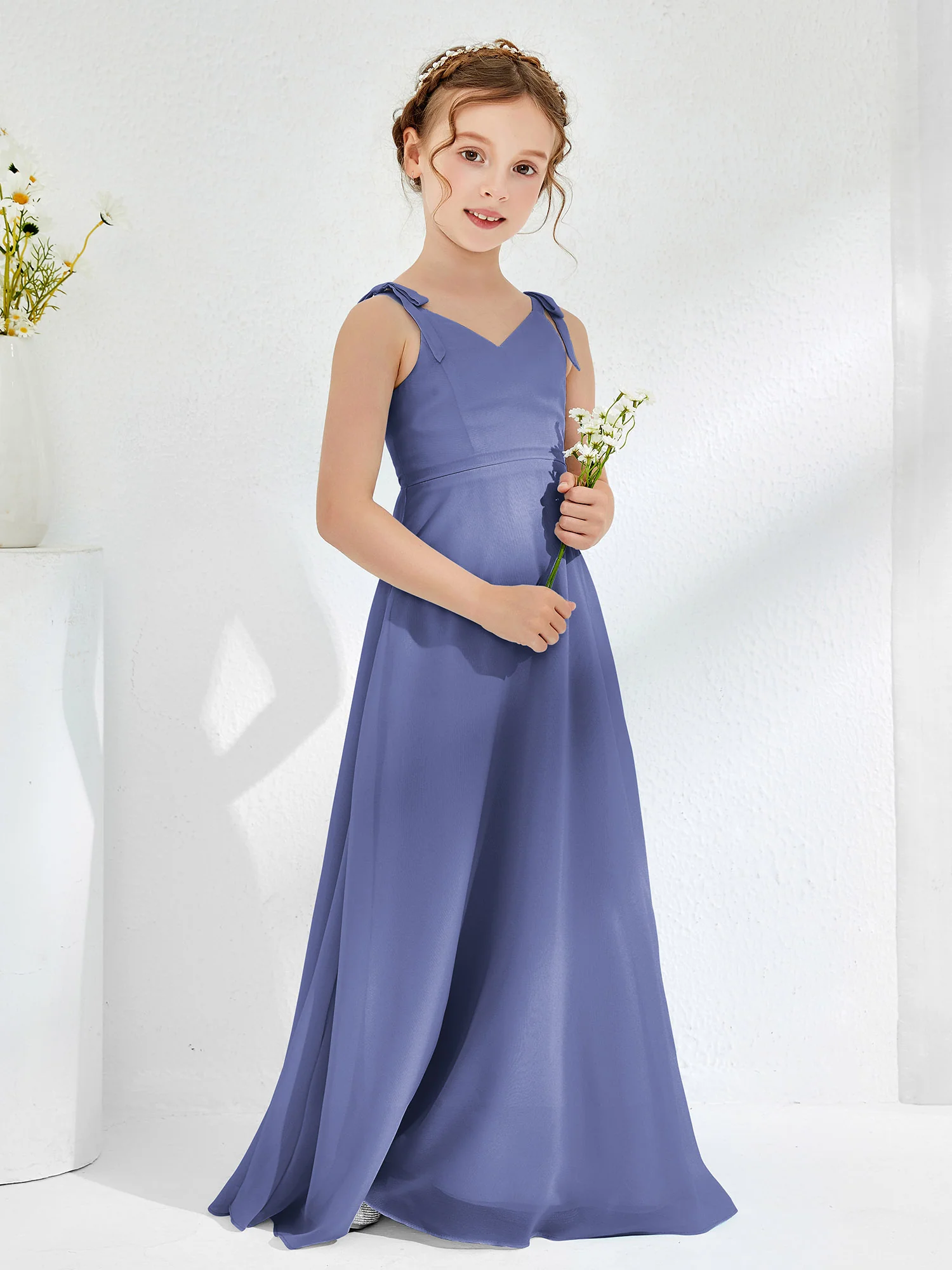 V-neck Ruched Floor-length Junior Bridesmaid Dresses Periwinkle - Image 3