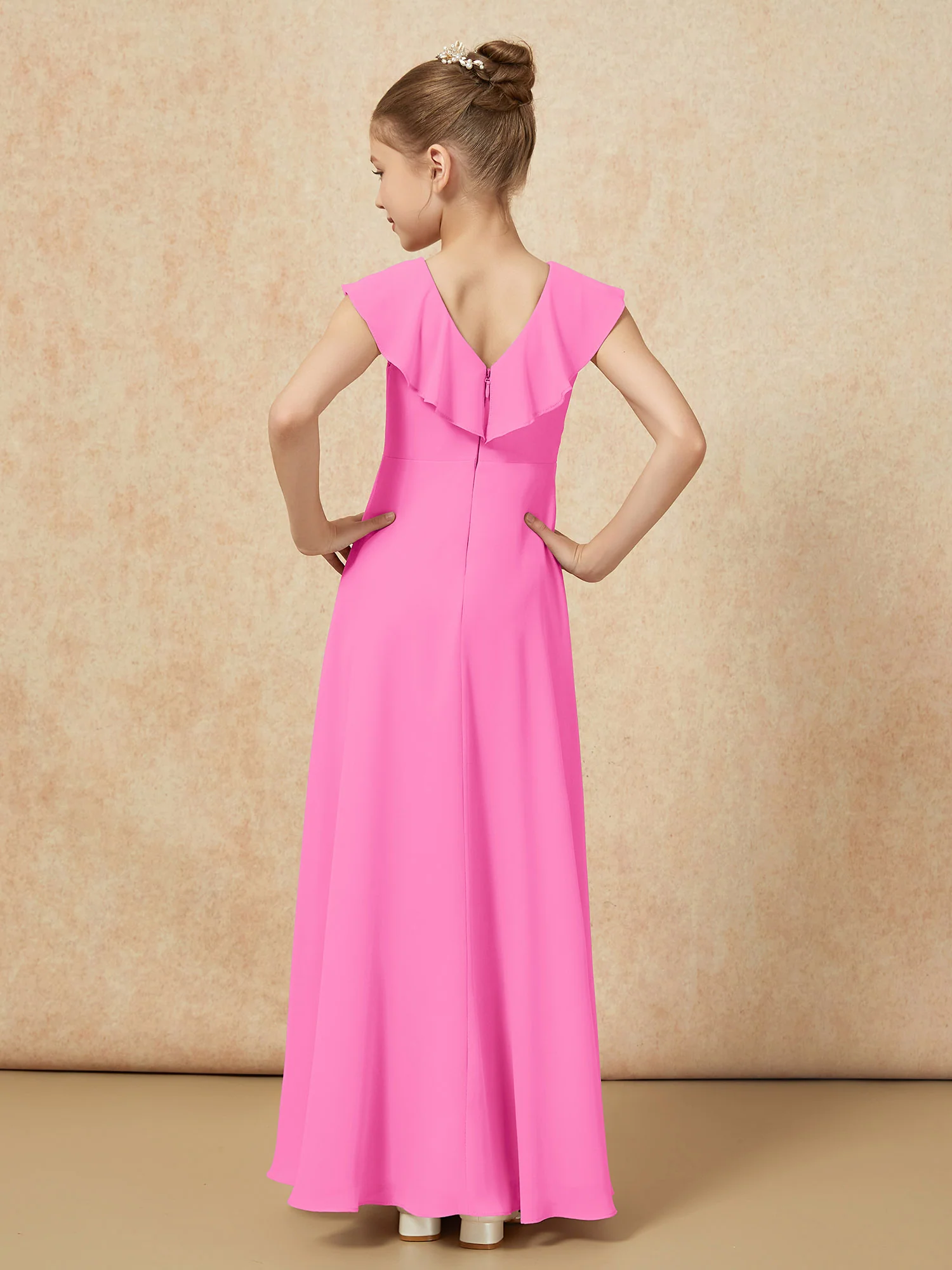 V-neck Ruffle Chiffon Junior Bridesmaid Dresses With Slit Azalea - Image 2