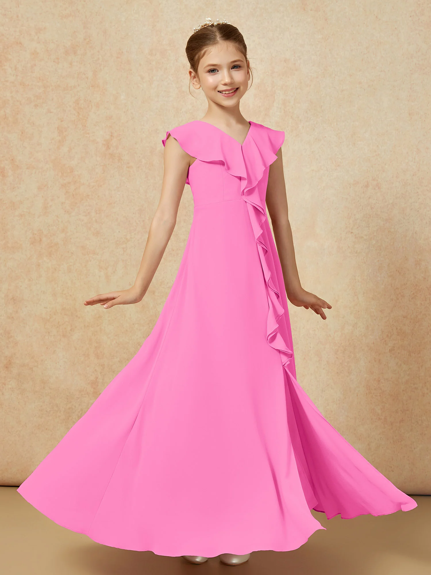 V-neck Ruffle Chiffon Junior Bridesmaid Dresses With Slit Azalea - Image 3