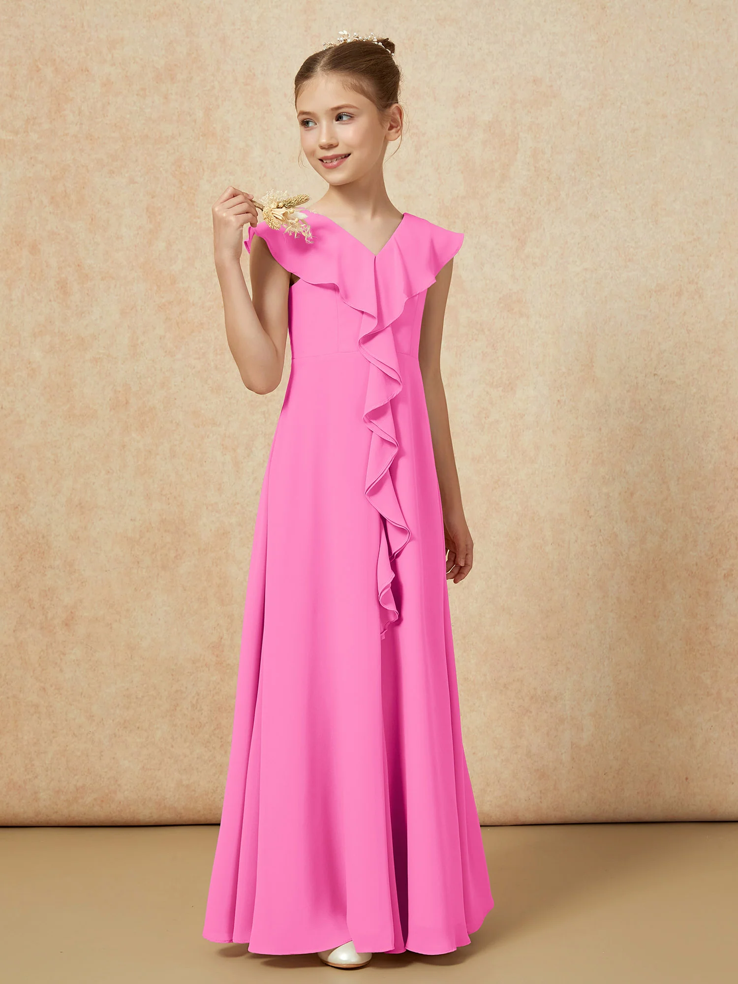 V-neck Ruffle Chiffon Junior Bridesmaid Dresses With Slit Azalea - Image 4