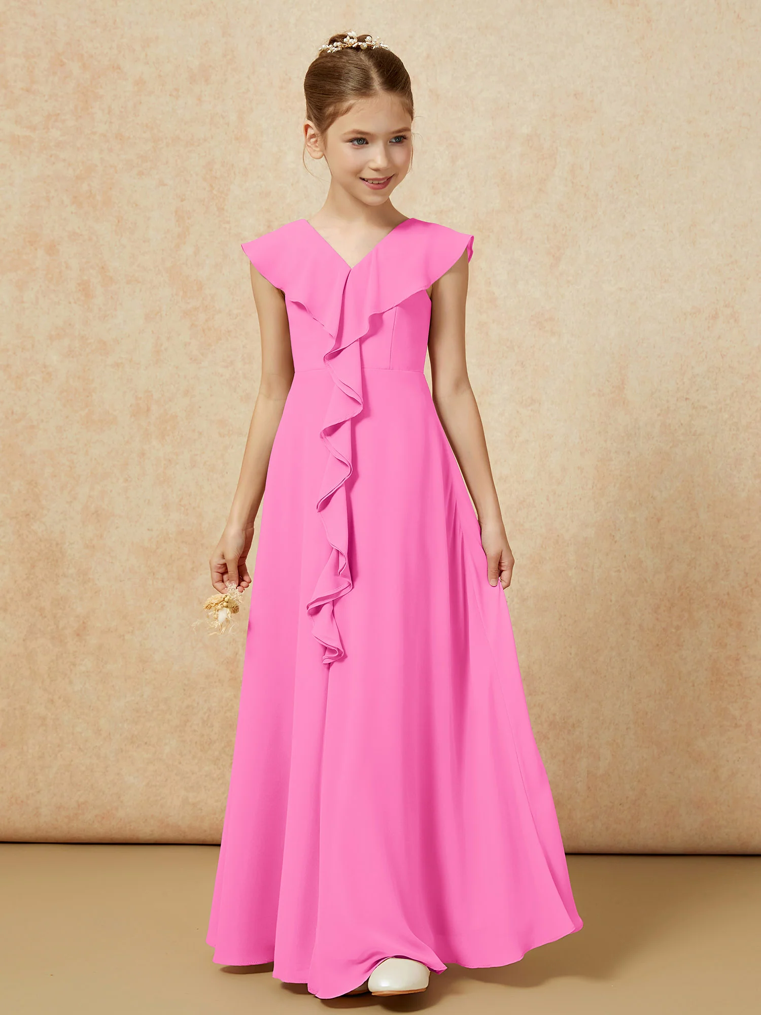 V-neck Ruffle Chiffon Junior Bridesmaid Dresses With Slit Azalea - Image 5
