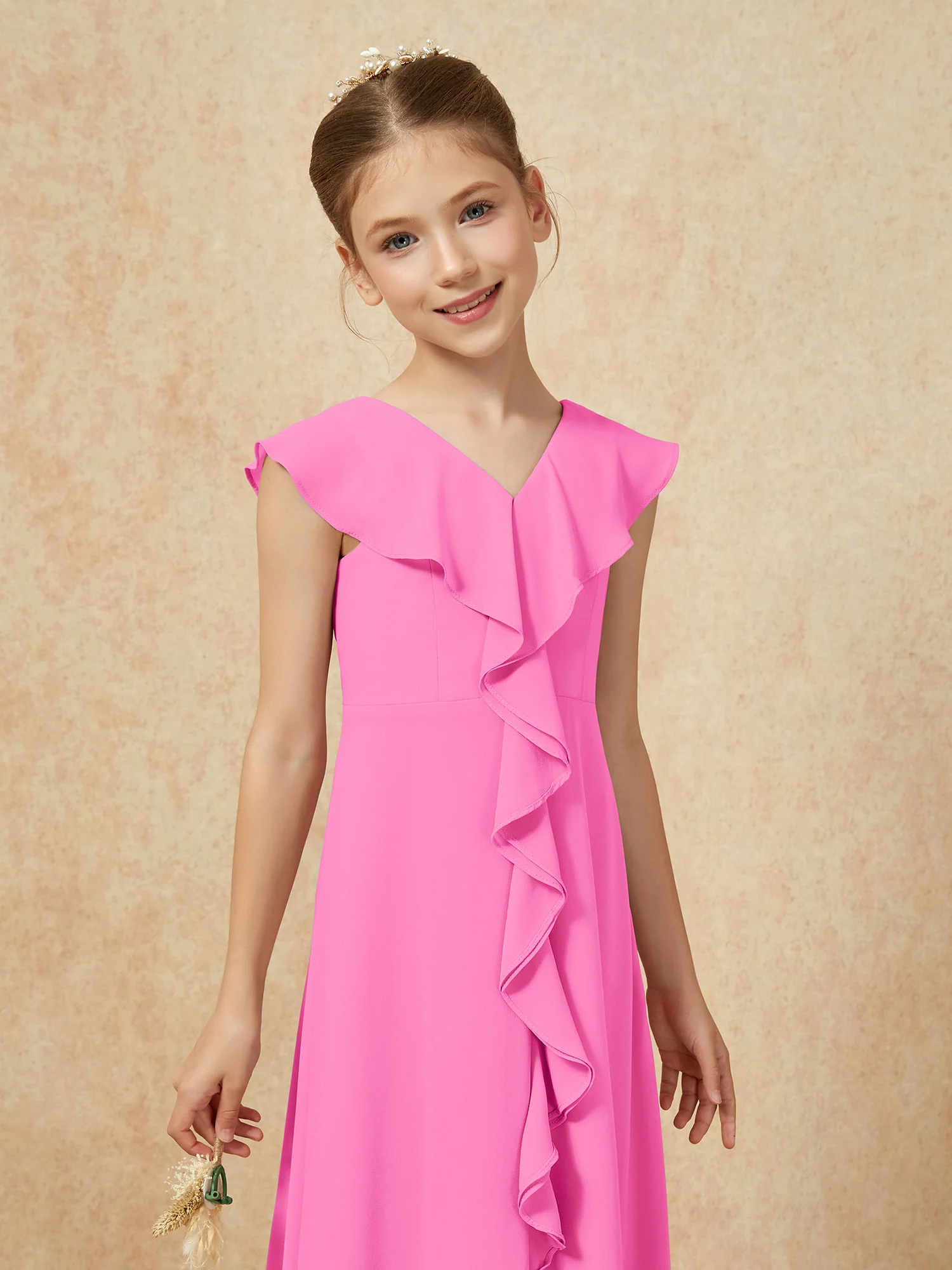 V-neck Ruffle Chiffon Junior Bridesmaid Dresses With Slit Azalea - Image 6