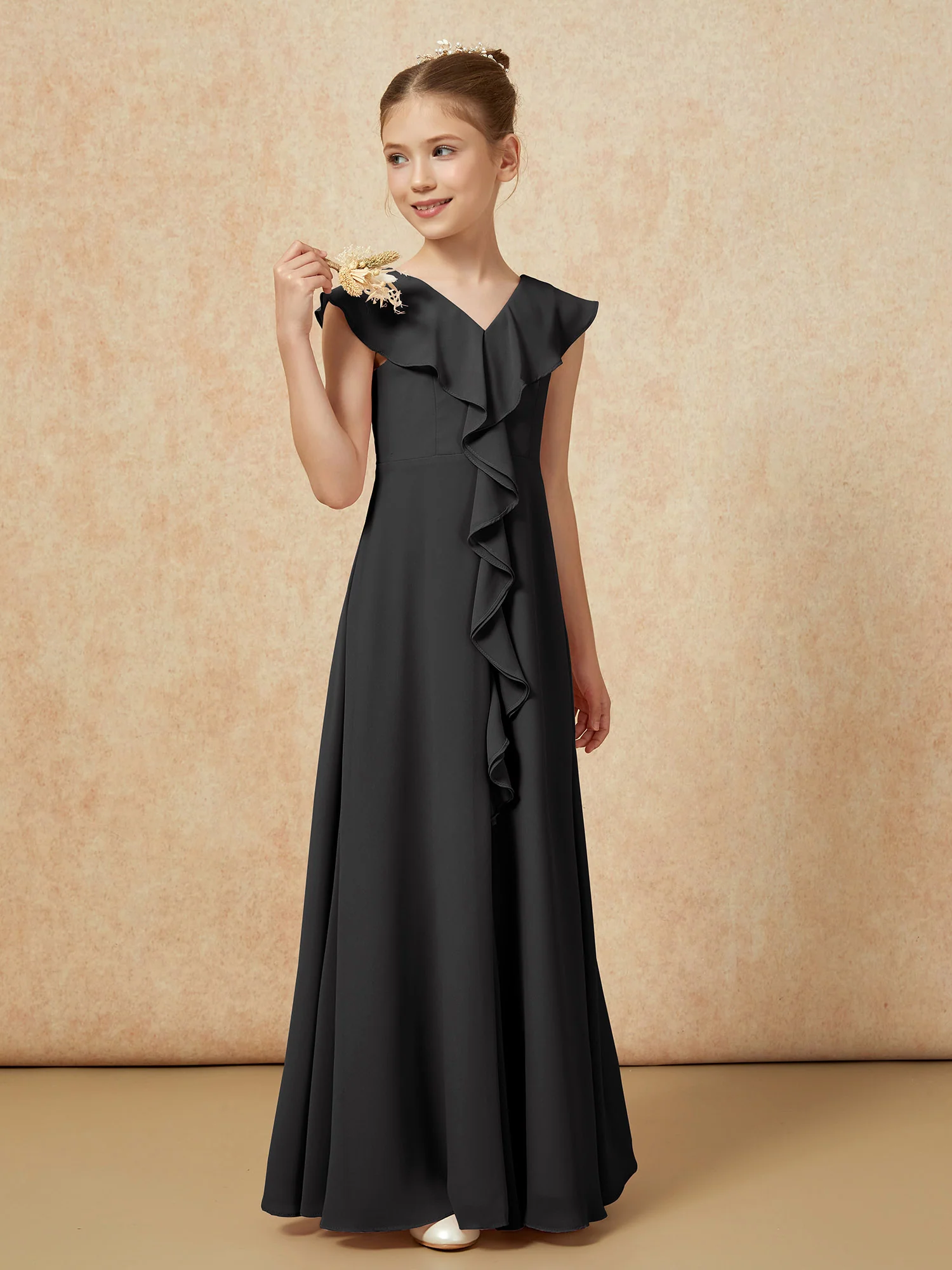 V-neck Ruffle Chiffon Junior Bridesmaid Dresses With Slit Black - Image 4