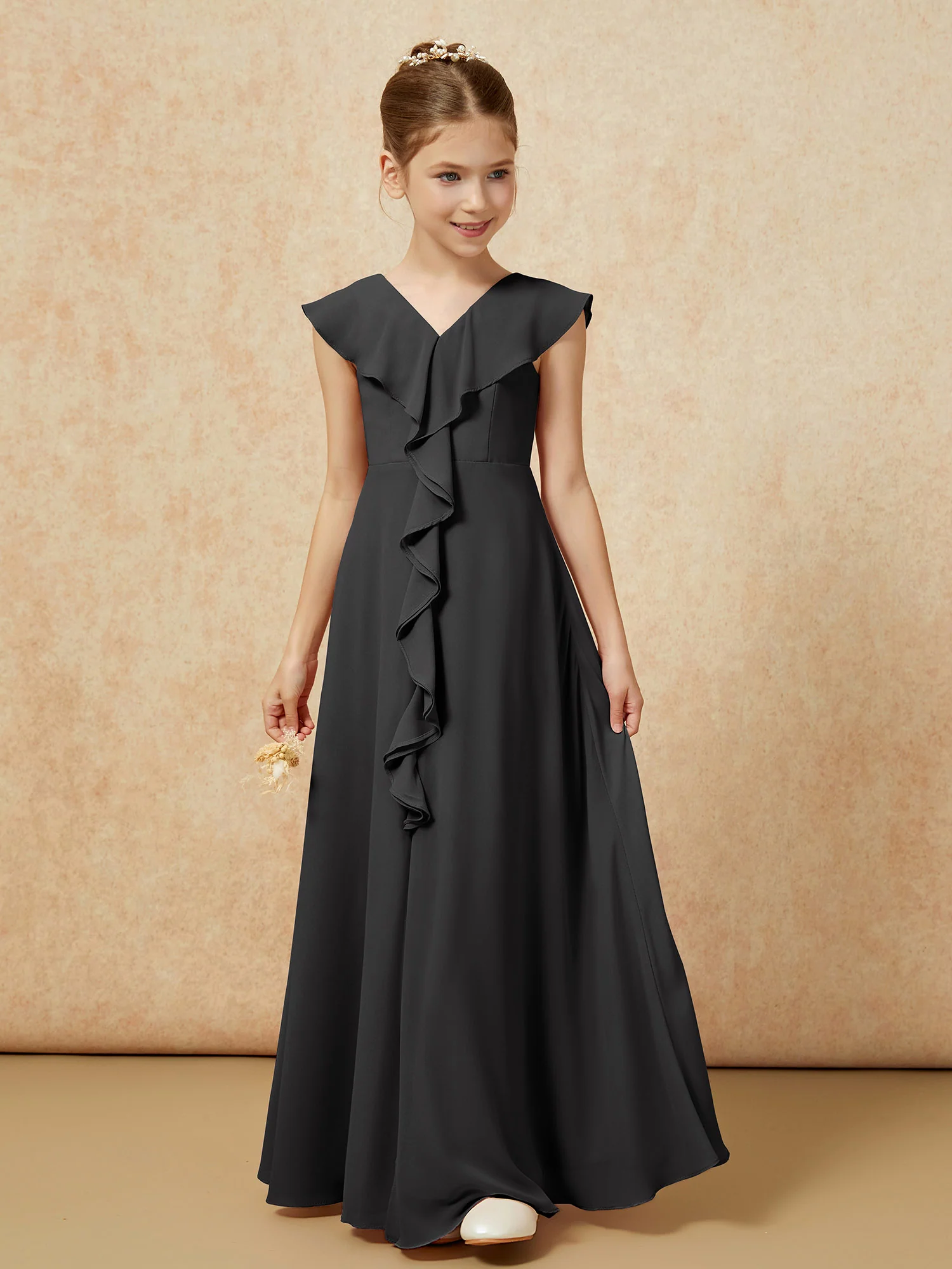 V-neck Ruffle Chiffon Junior Bridesmaid Dresses With Slit Black - Image 5