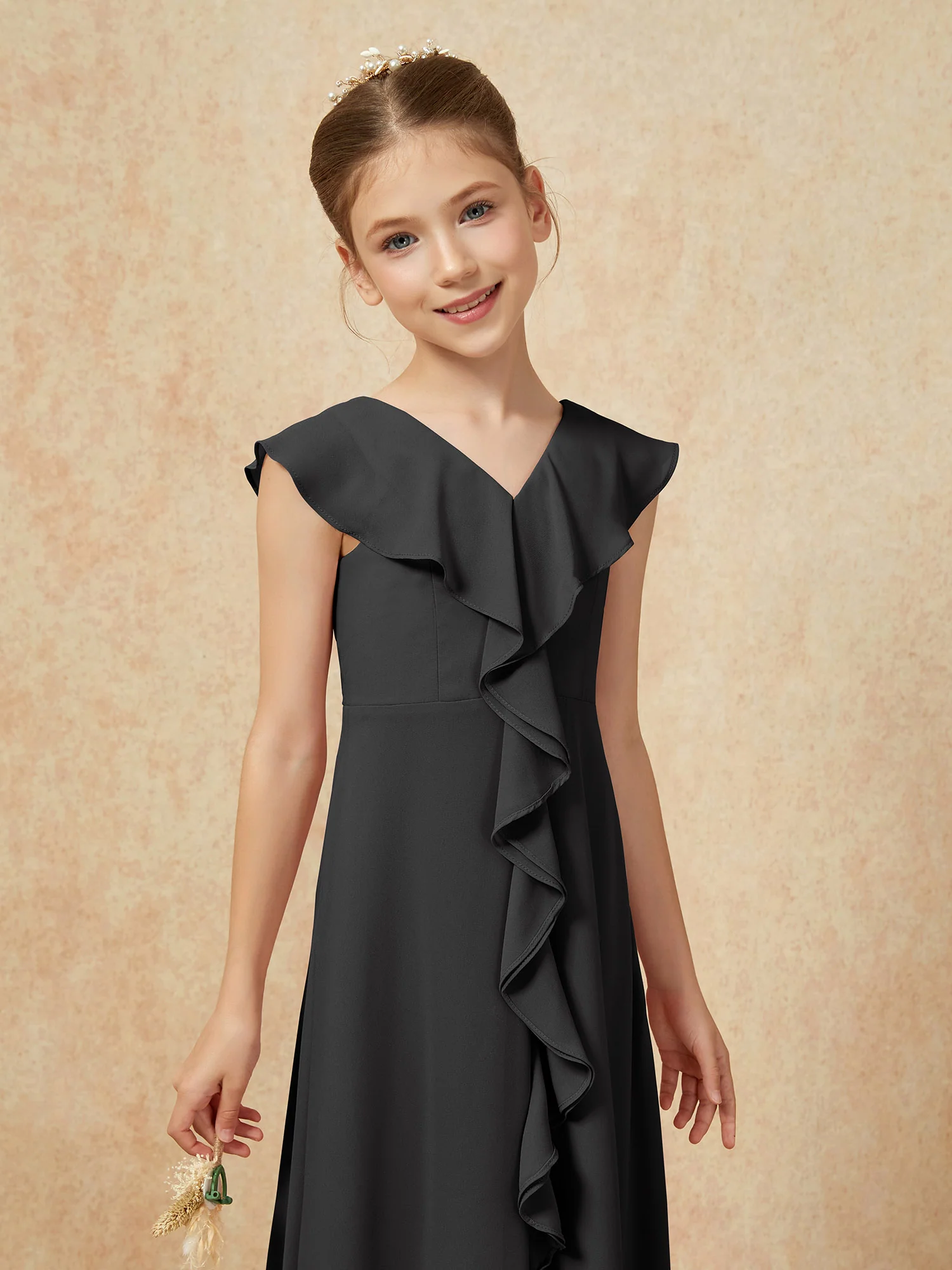 V-neck Ruffle Chiffon Junior Bridesmaid Dresses With Slit Black - Image 6
