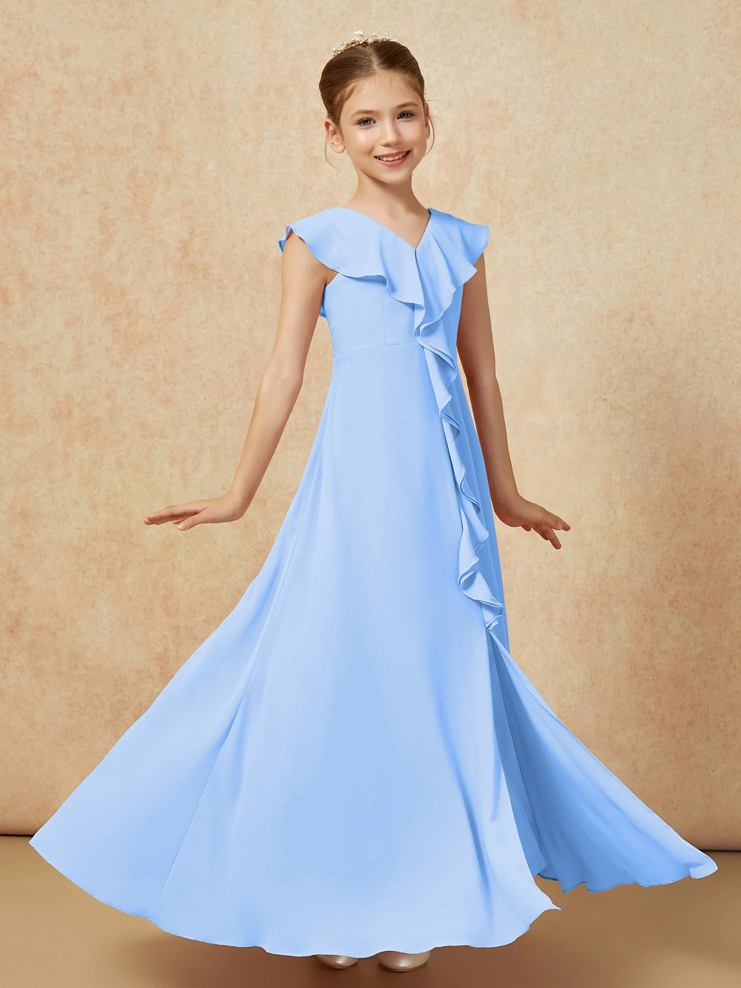 V-neck Ruffle Chiffon Junior Bridesmaid Dresses With Slit Blue - Image 3