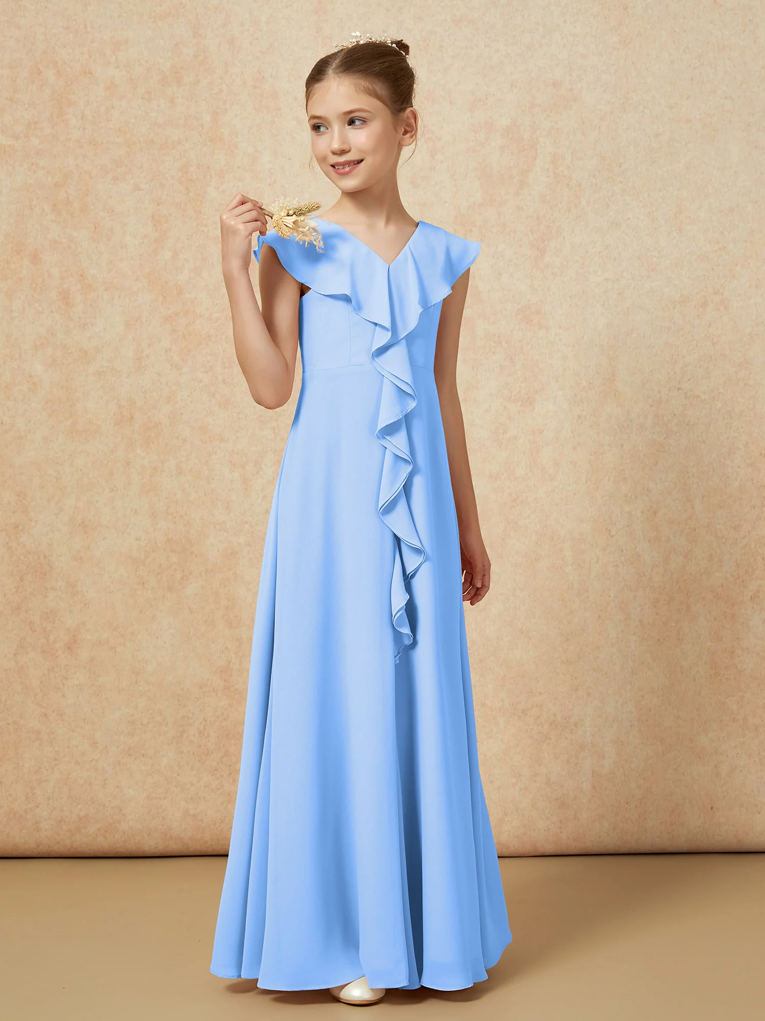 V-neck Ruffle Chiffon Junior Bridesmaid Dresses With Slit Blue - Image 4