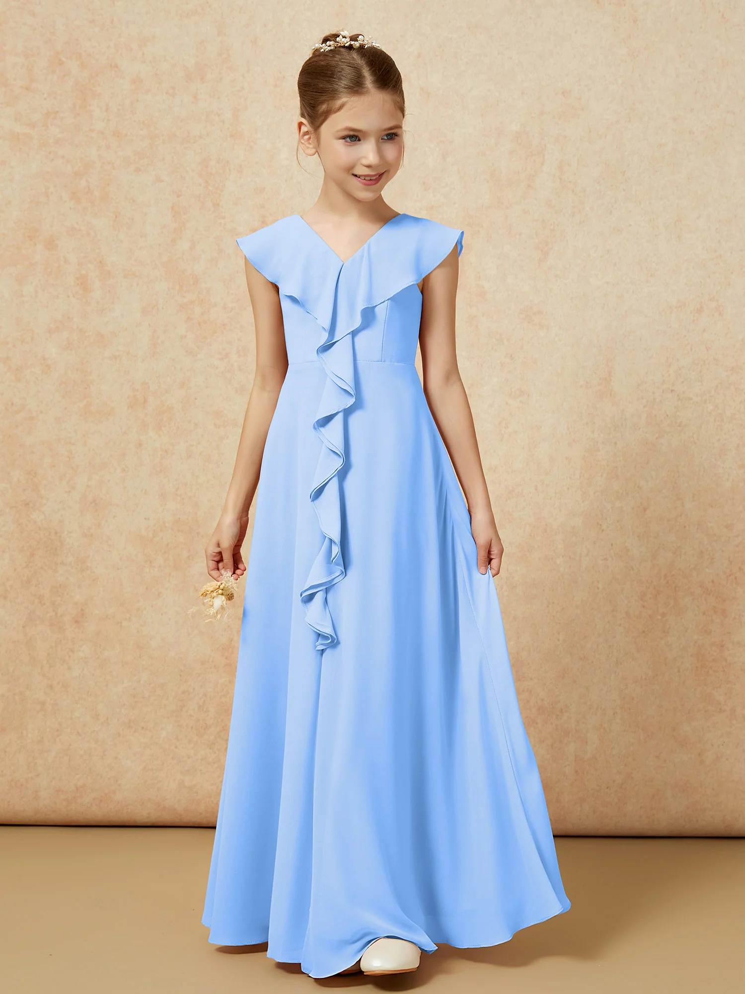 V-neck Ruffle Chiffon Junior Bridesmaid Dresses With Slit Blue - Image 5