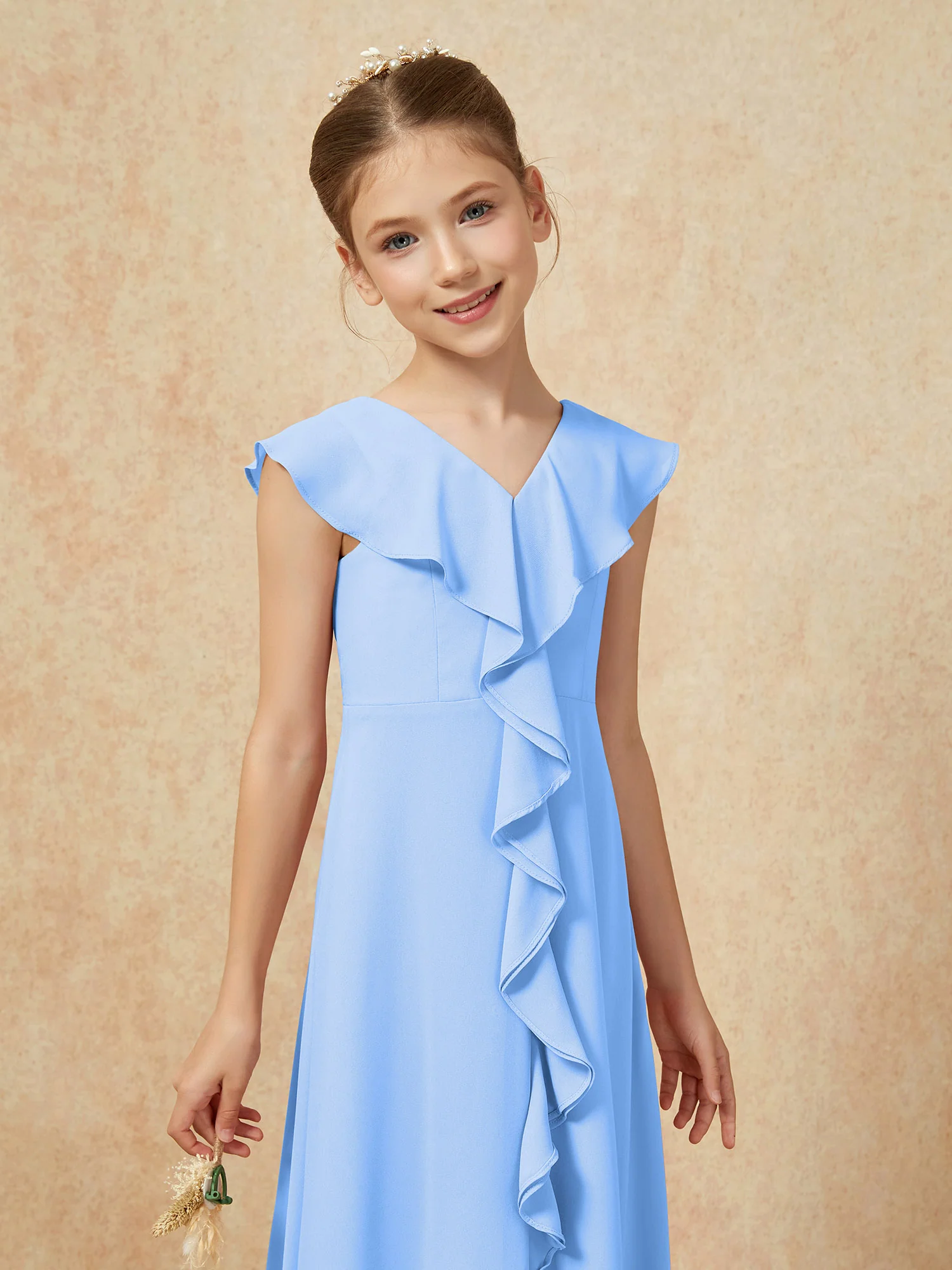 V-neck Ruffle Chiffon Junior Bridesmaid Dresses With Slit Blue - Image 6