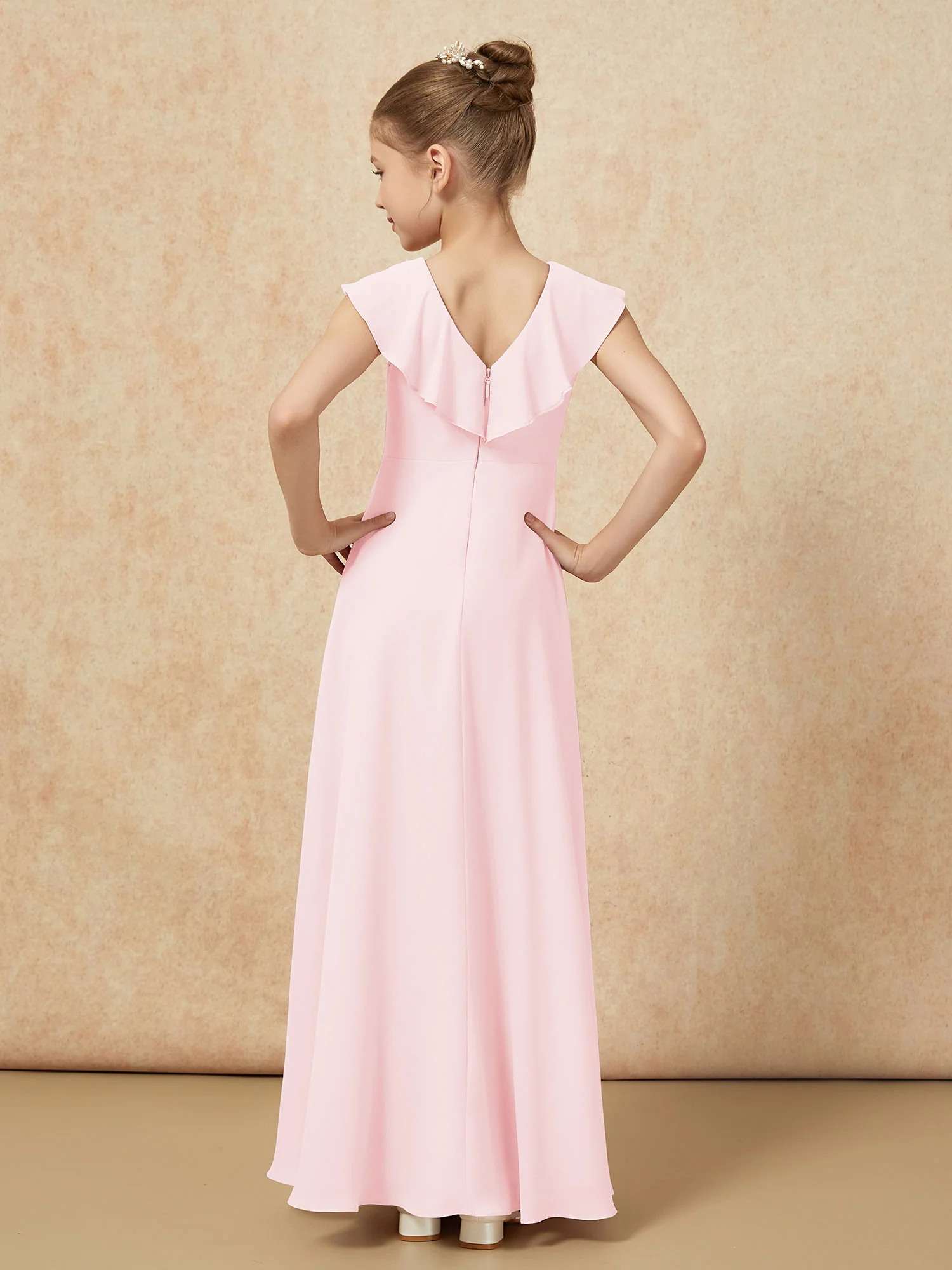 V-neck Ruffle Chiffon Junior Bridesmaid Dresses With Slit Blushing Pink - Image 2