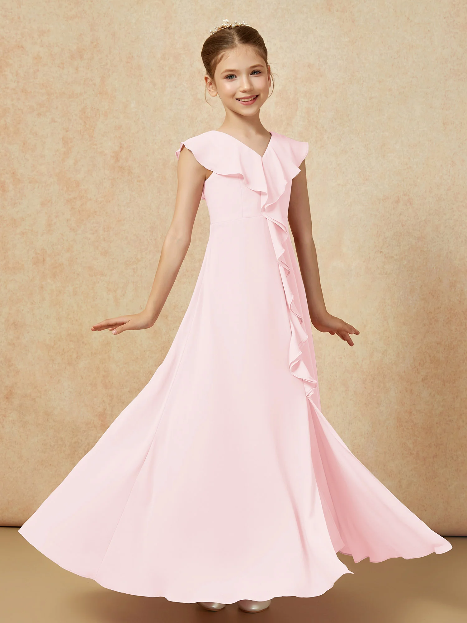 V-neck Ruffle Chiffon Junior Bridesmaid Dresses With Slit Blushing Pink - Image 3