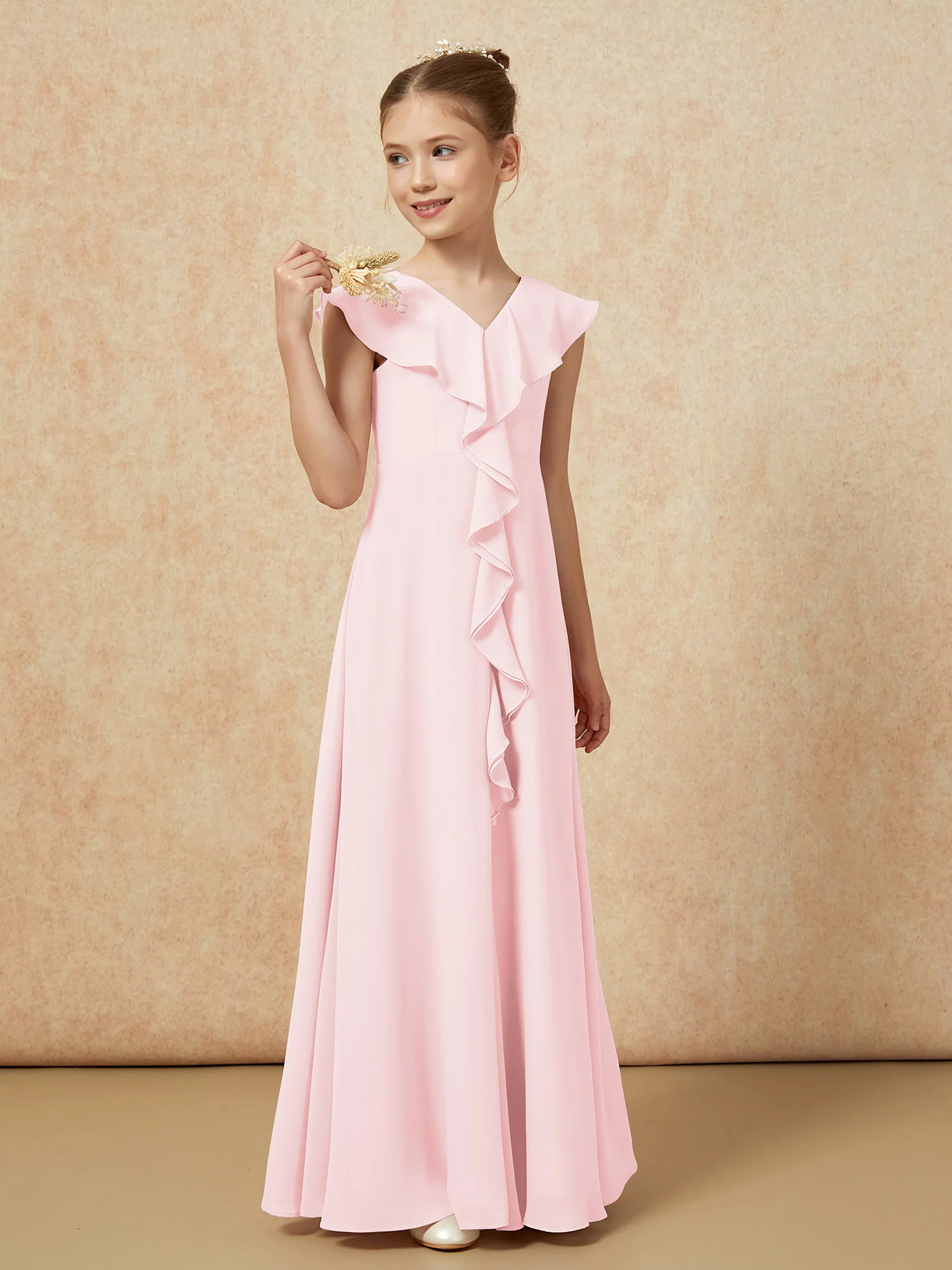 V-neck Ruffle Chiffon Junior Bridesmaid Dresses With Slit Blushing Pink - Image 4