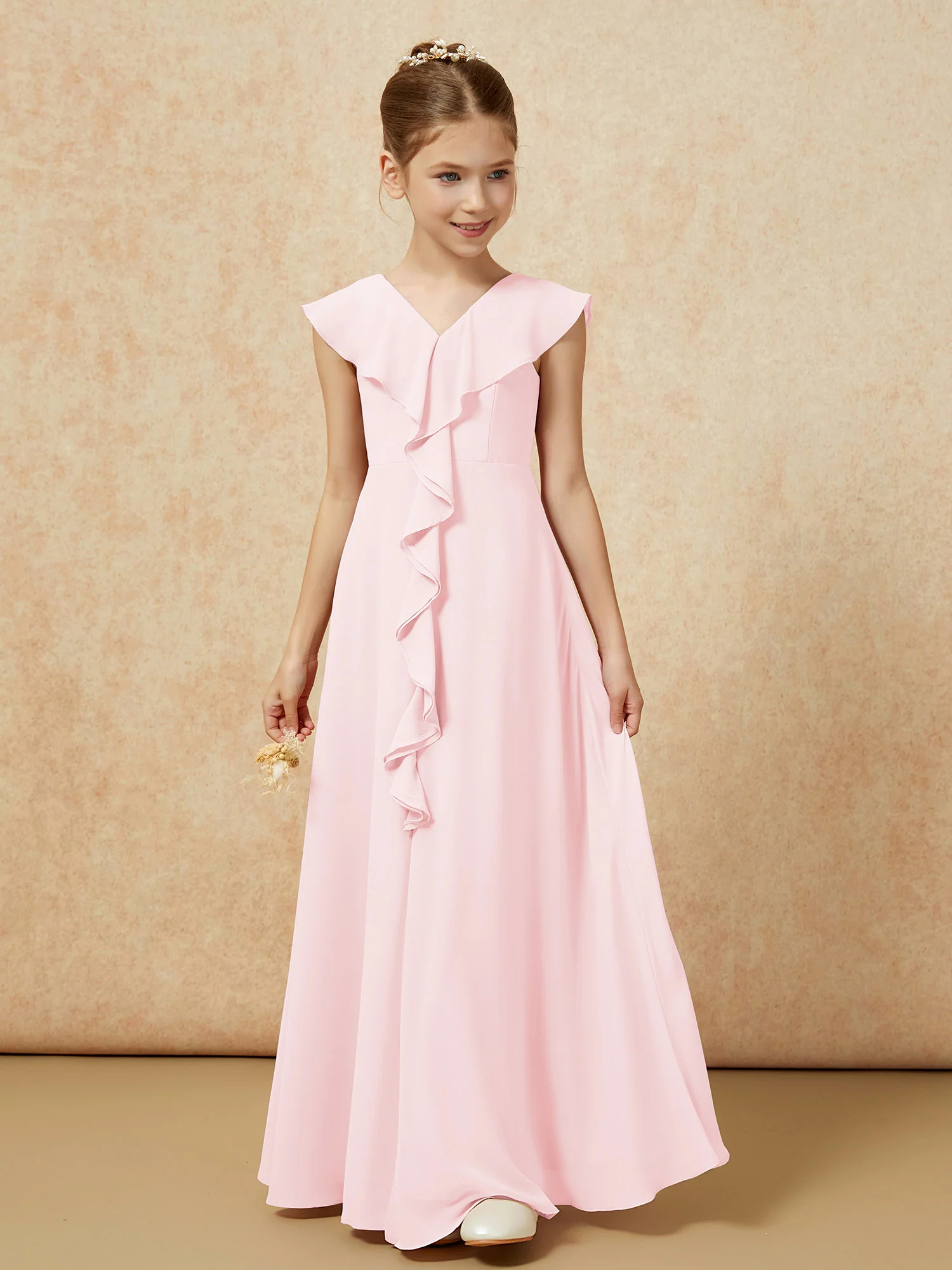V-neck Ruffle Chiffon Junior Bridesmaid Dresses With Slit Blushing Pink - Image 5