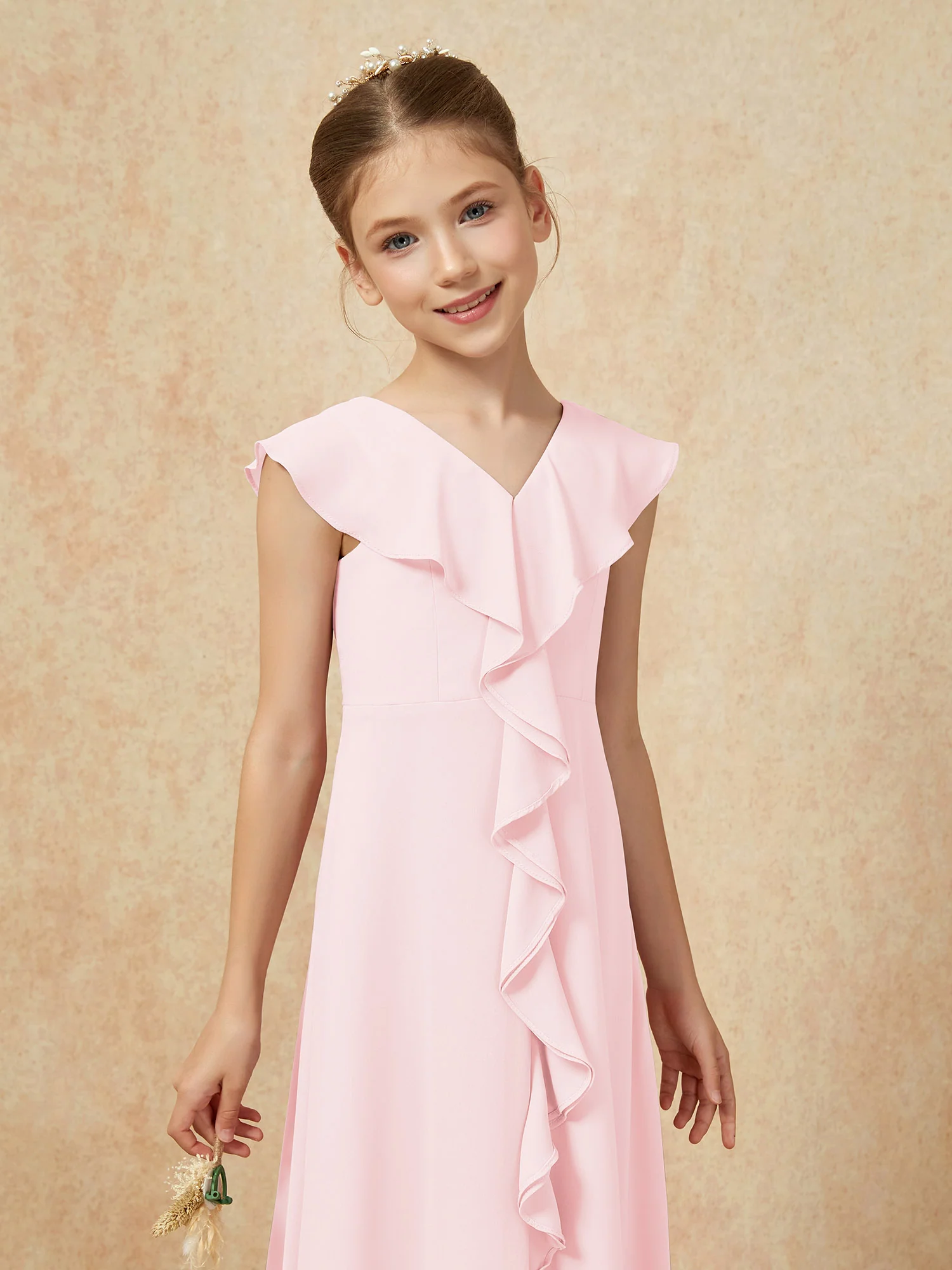 V-neck Ruffle Chiffon Junior Bridesmaid Dresses With Slit Blushing Pink - Image 6