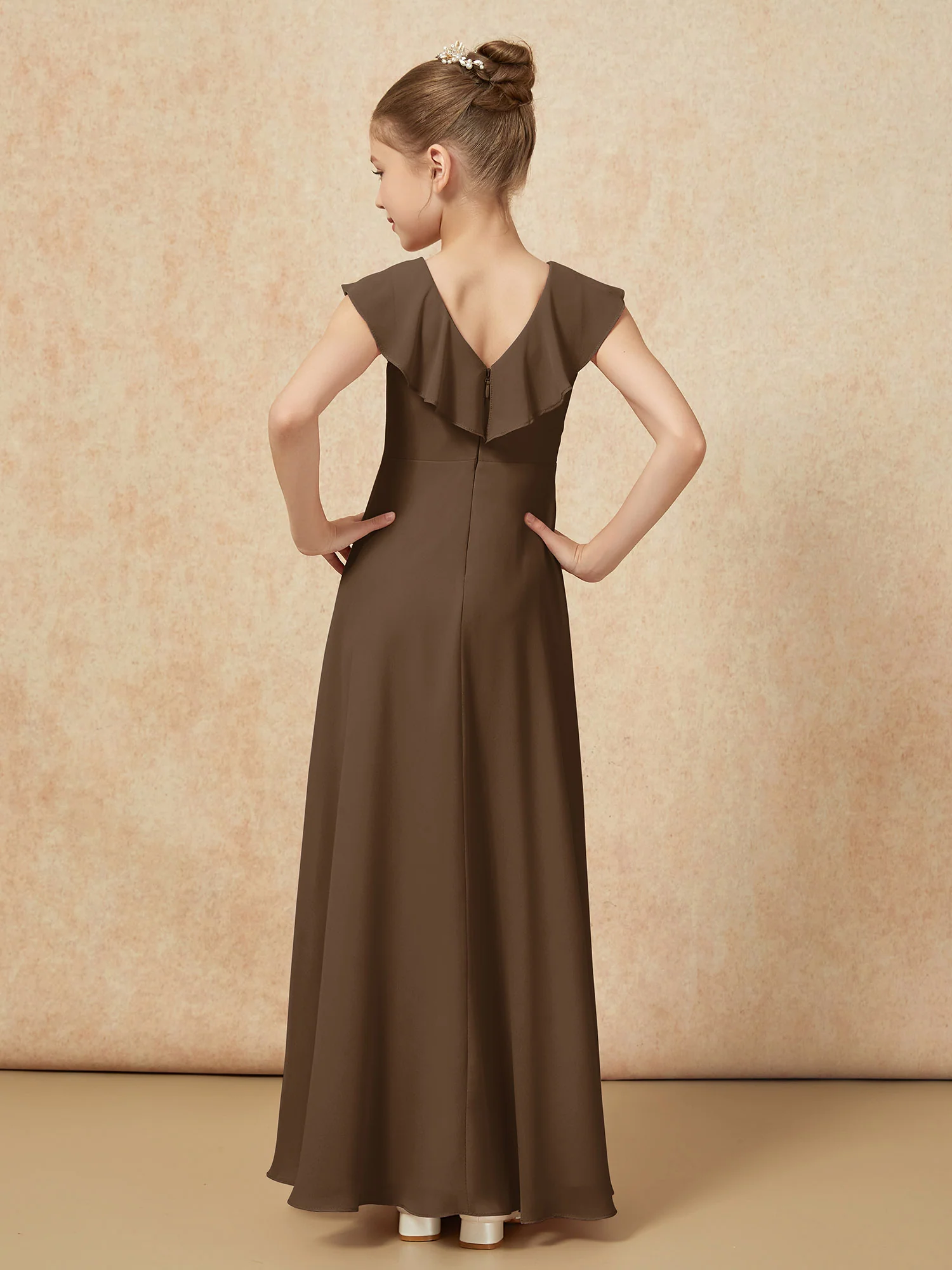 V-neck Ruffle Chiffon Junior Bridesmaid Dresses With Slit Brown - Image 2
