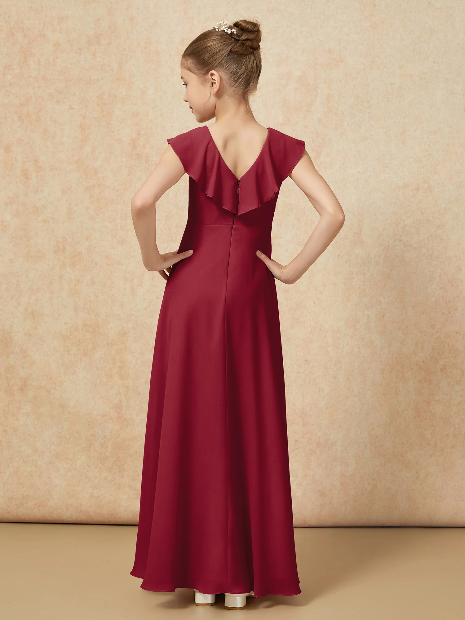 V-neck Ruffle Chiffon Junior Bridesmaid Dresses With Slit Burgundy - Image 2