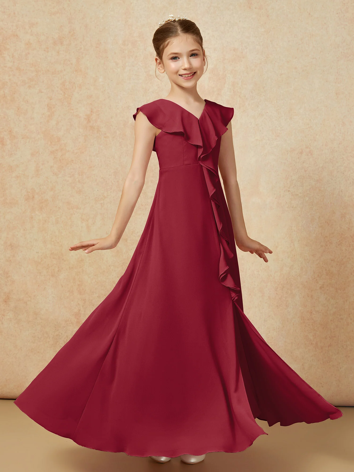 V-neck Ruffle Chiffon Junior Bridesmaid Dresses With Slit Burgundy - Image 3
