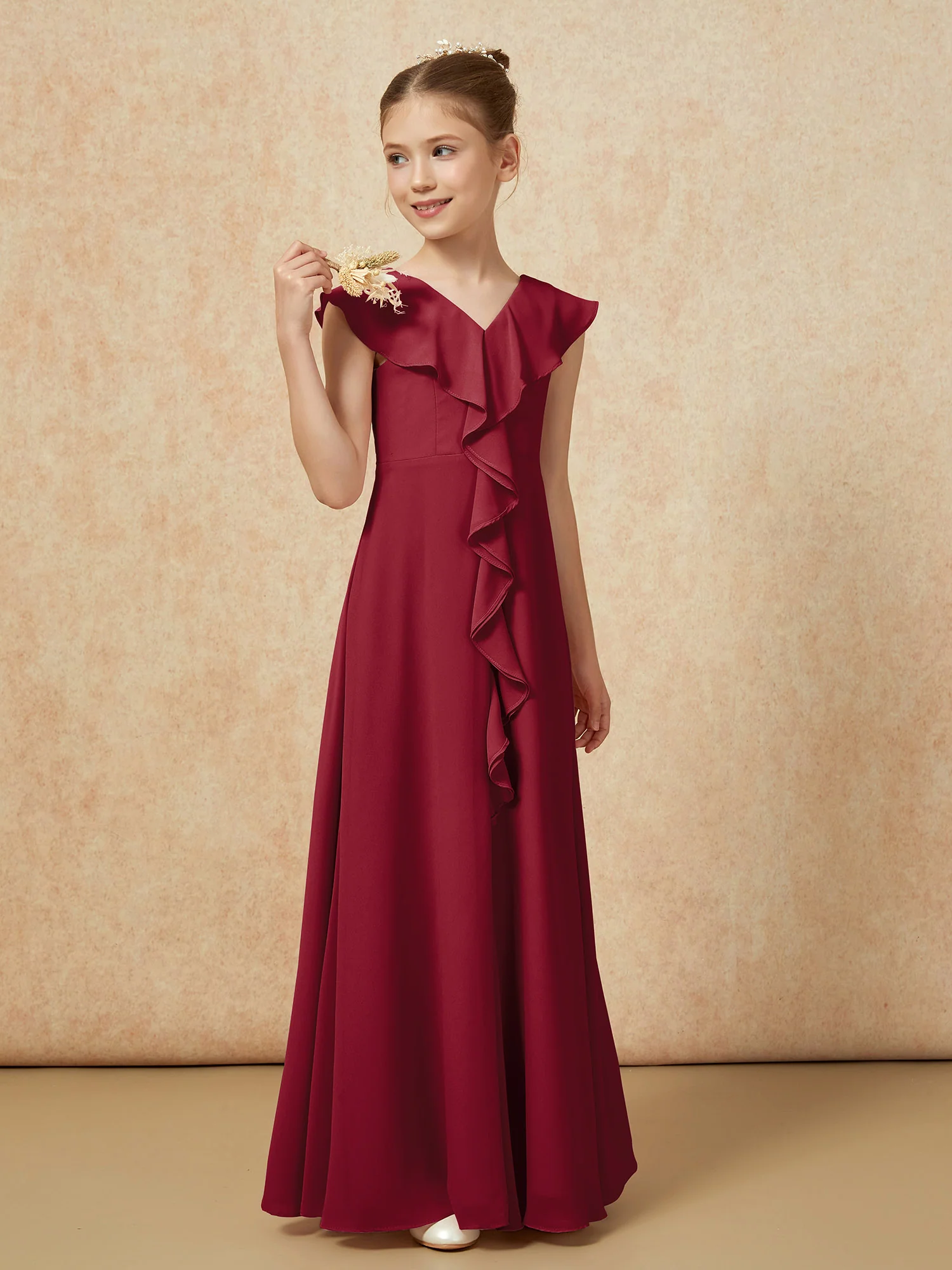 V-neck Ruffle Chiffon Junior Bridesmaid Dresses With Slit Burgundy - Image 4