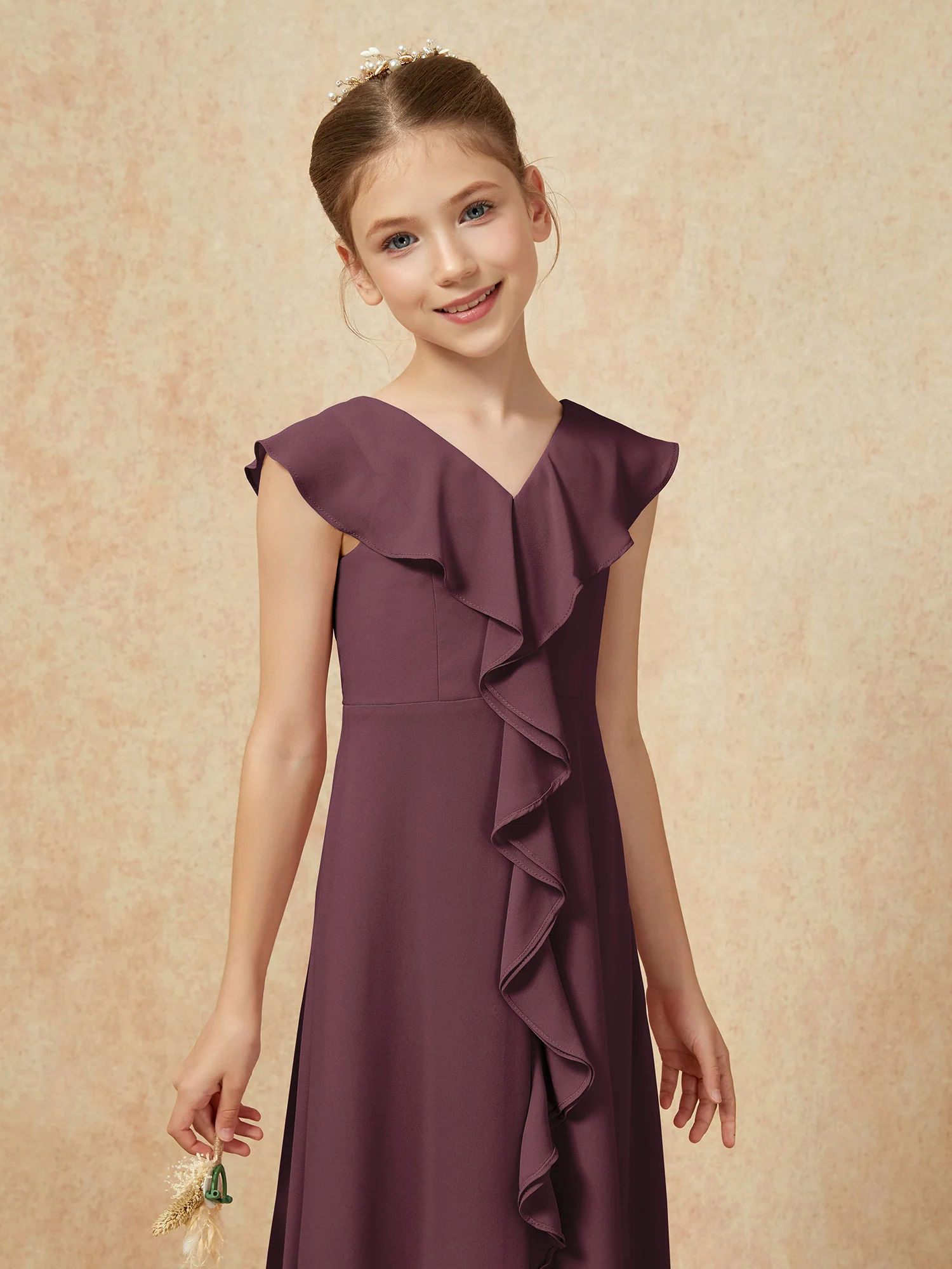 V-neck Ruffle Chiffon Junior Bridesmaid Dresses With Slit Cabernet - Image 6