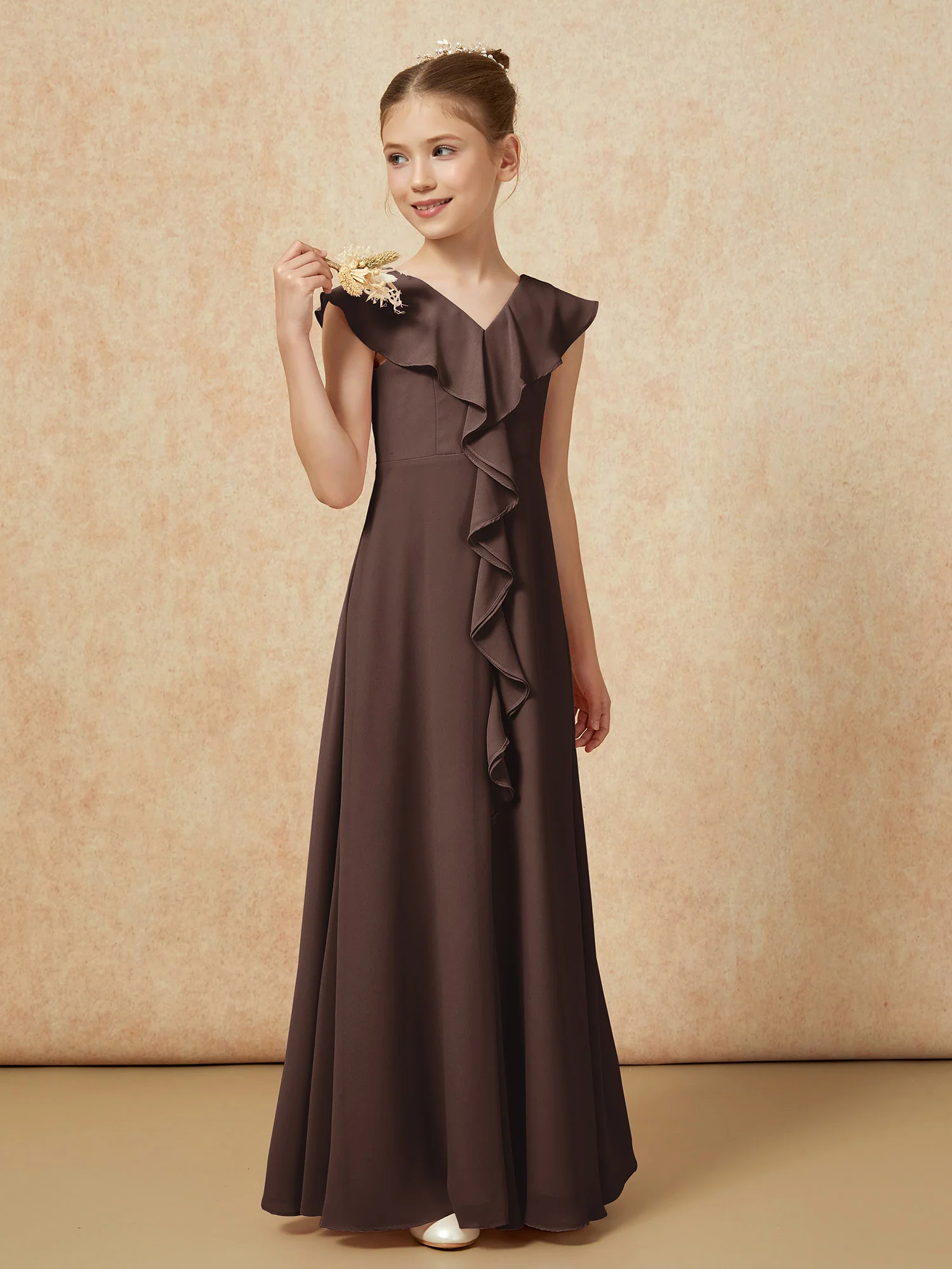 V-neck Ruffle Chiffon Junior Bridesmaid Dresses With Slit Chocolate - Image 4