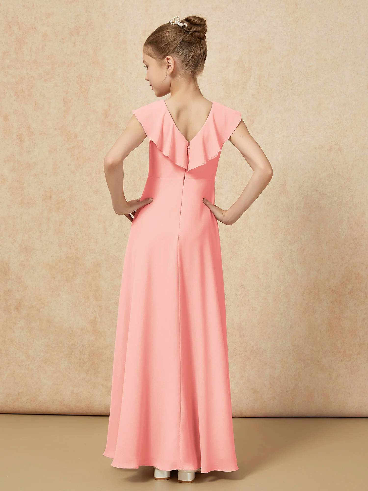 V-neck Ruffle Chiffon Junior Bridesmaid Dresses With Slit Coral - Image 2