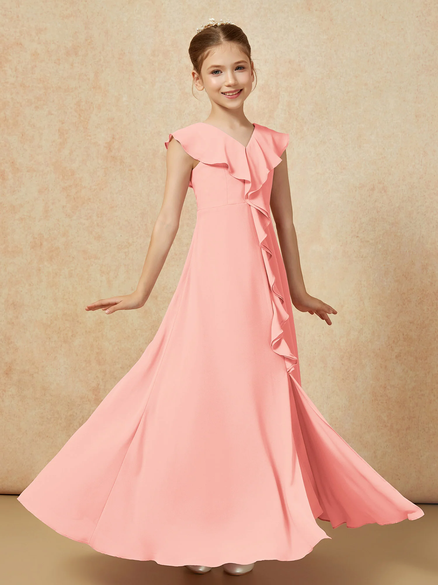 V-neck Ruffle Chiffon Junior Bridesmaid Dresses With Slit Coral - Image 3