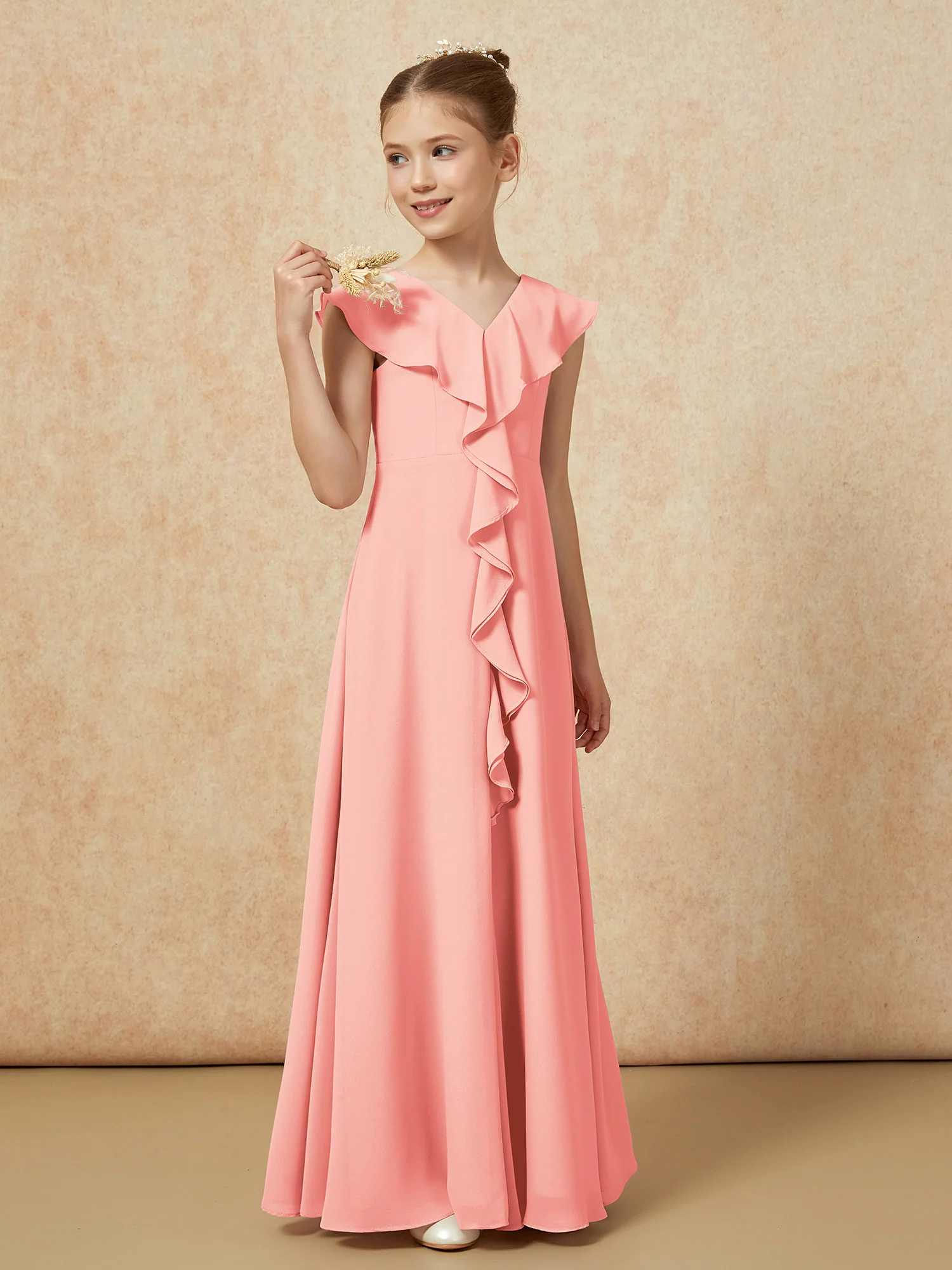 V-neck Ruffle Chiffon Junior Bridesmaid Dresses With Slit Coral - Image 4