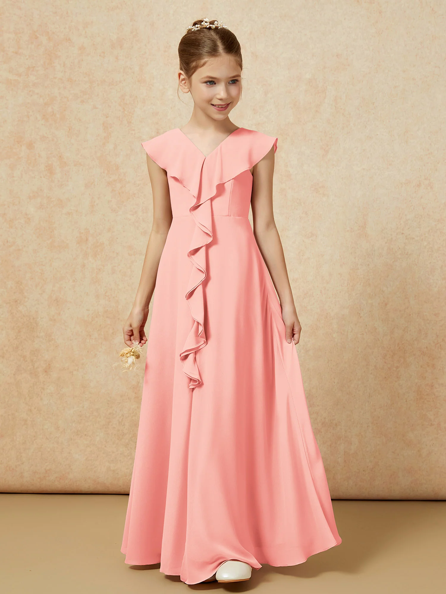 V-neck Ruffle Chiffon Junior Bridesmaid Dresses With Slit Coral - Image 5