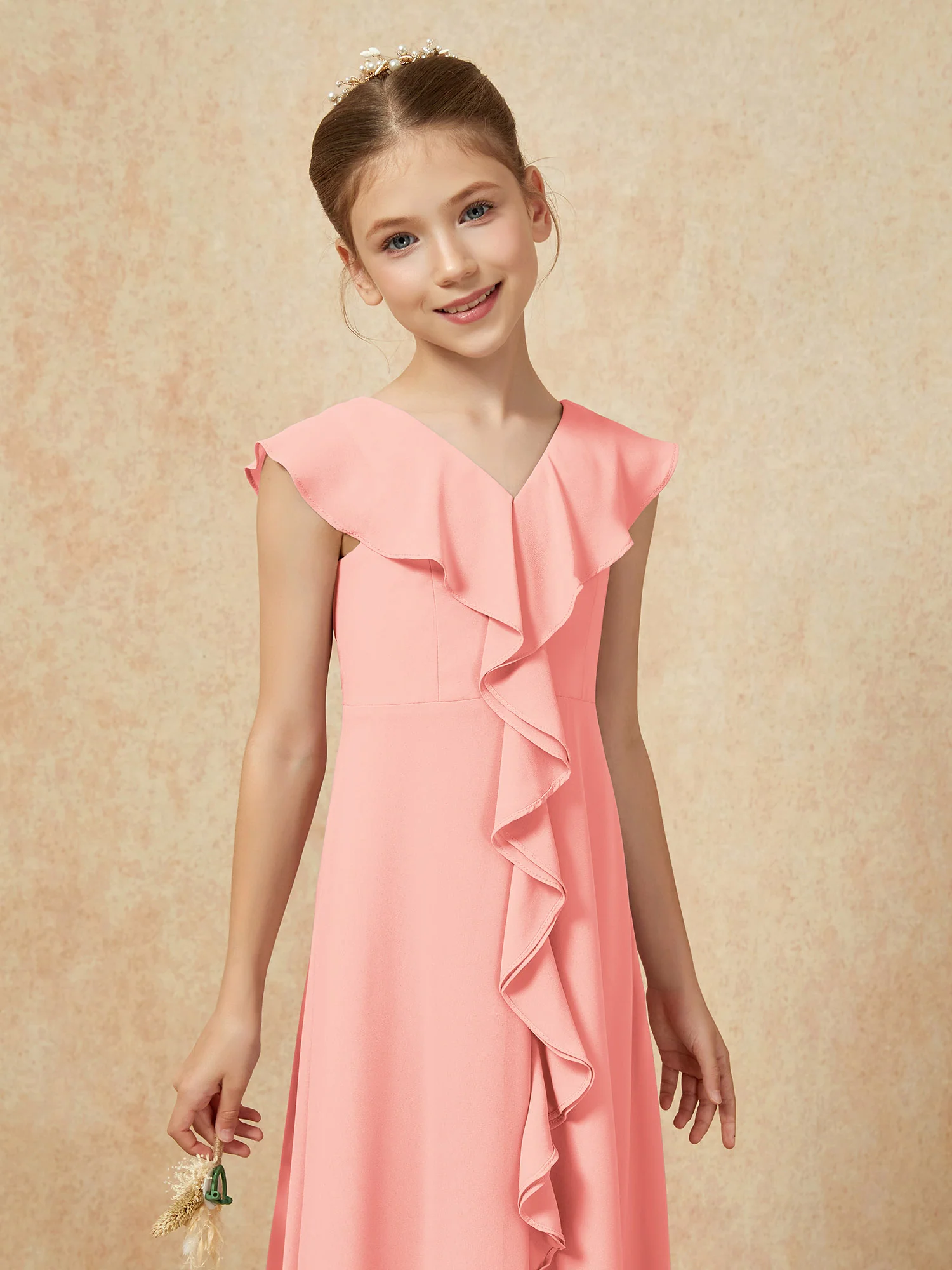 V-neck Ruffle Chiffon Junior Bridesmaid Dresses With Slit Coral - Image 6