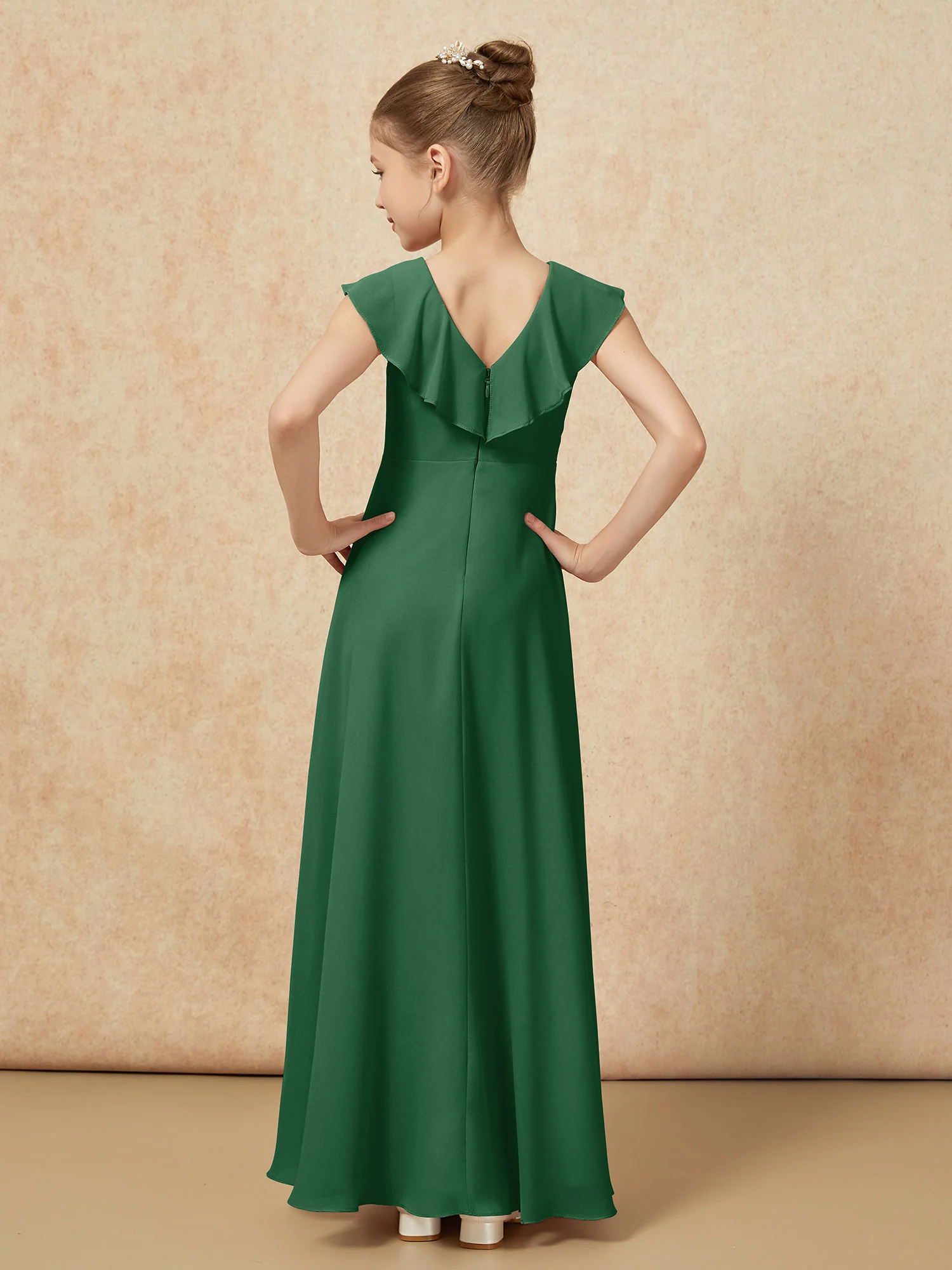 V-neck Ruffle Chiffon Junior Bridesmaid Dresses With Slit Dark Green - Image 2