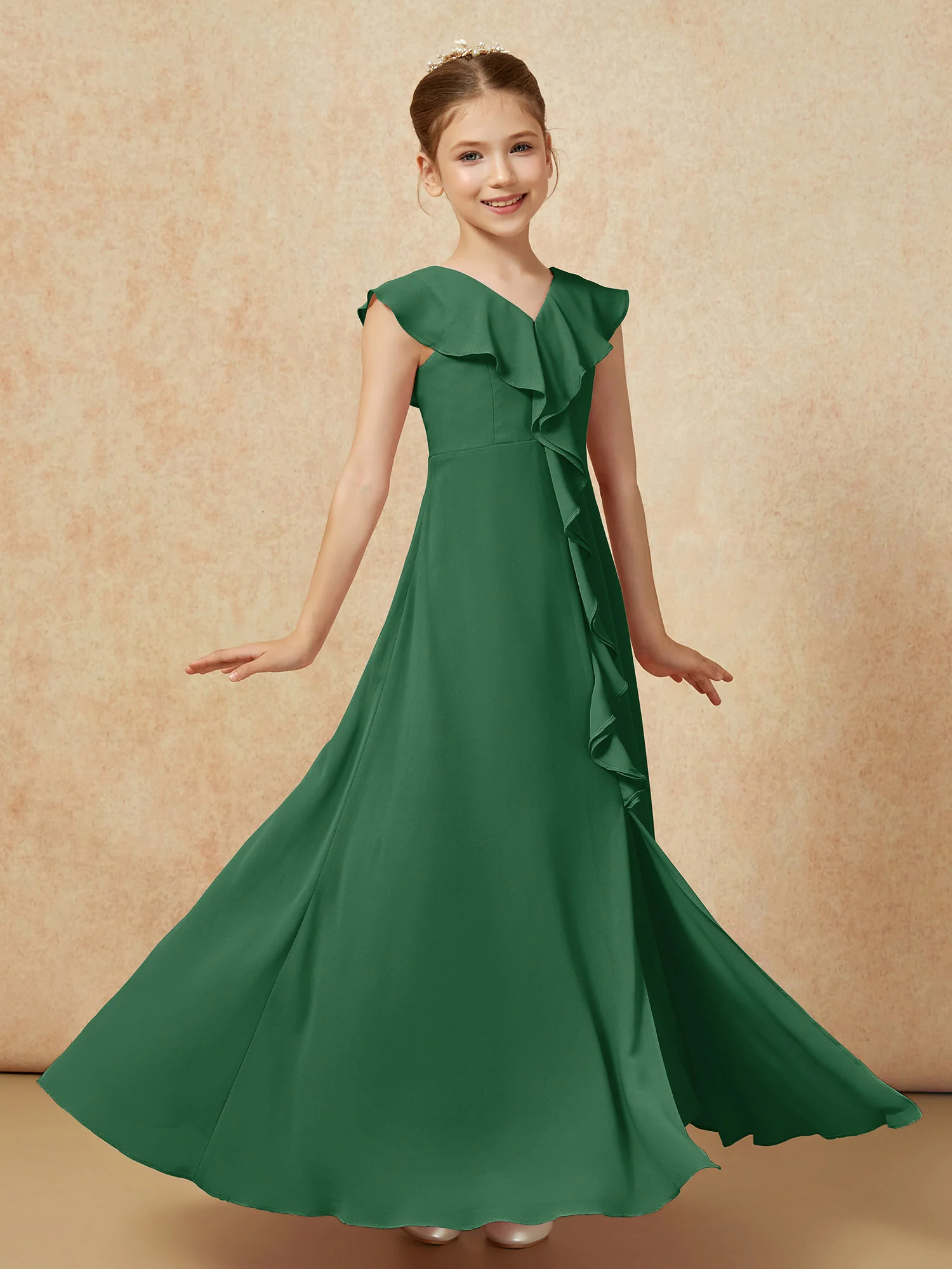 V-neck Ruffle Chiffon Junior Bridesmaid Dresses With Slit Dark Green - Image 3