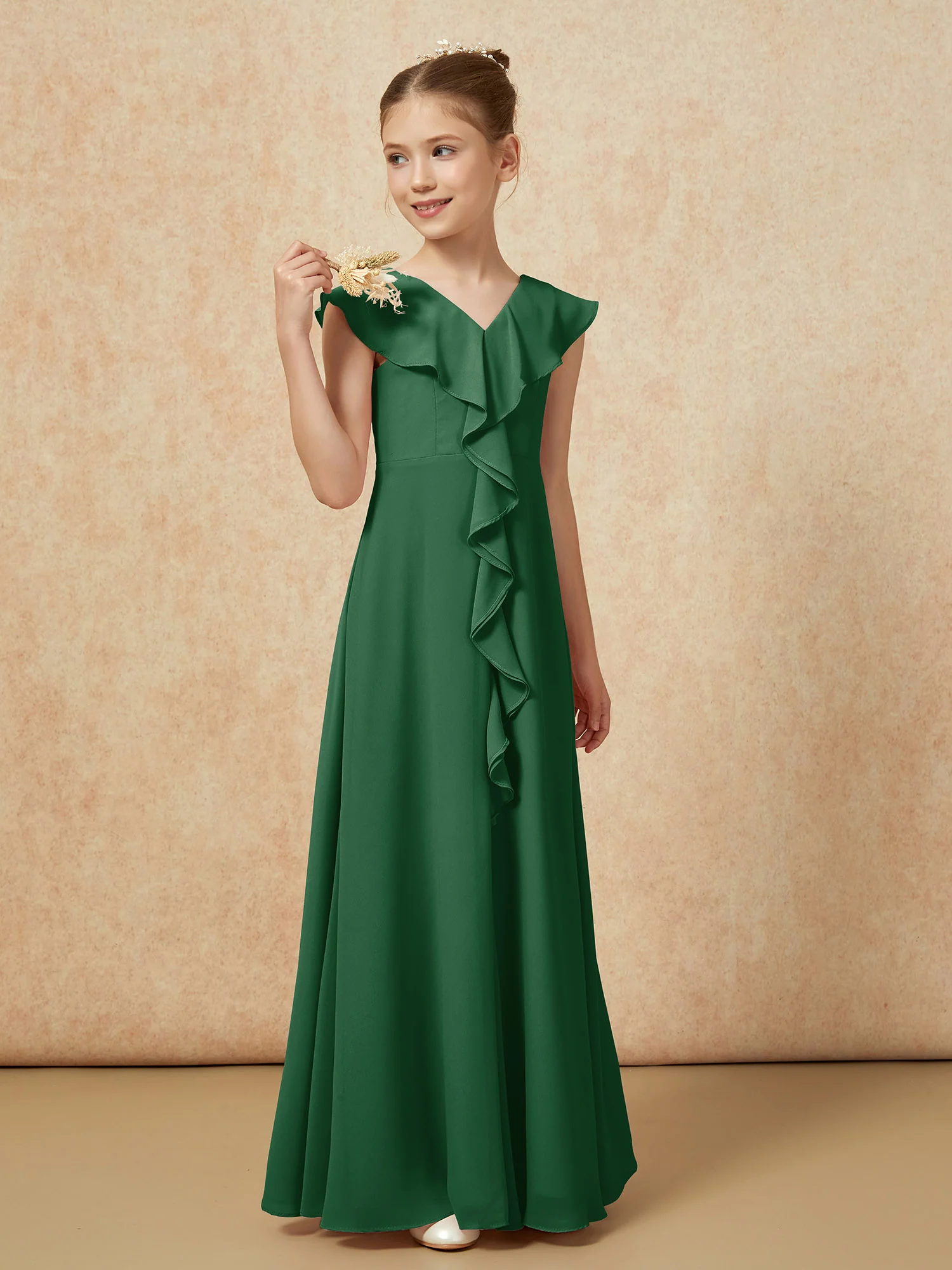 V-neck Ruffle Chiffon Junior Bridesmaid Dresses With Slit Dark Green - Image 4