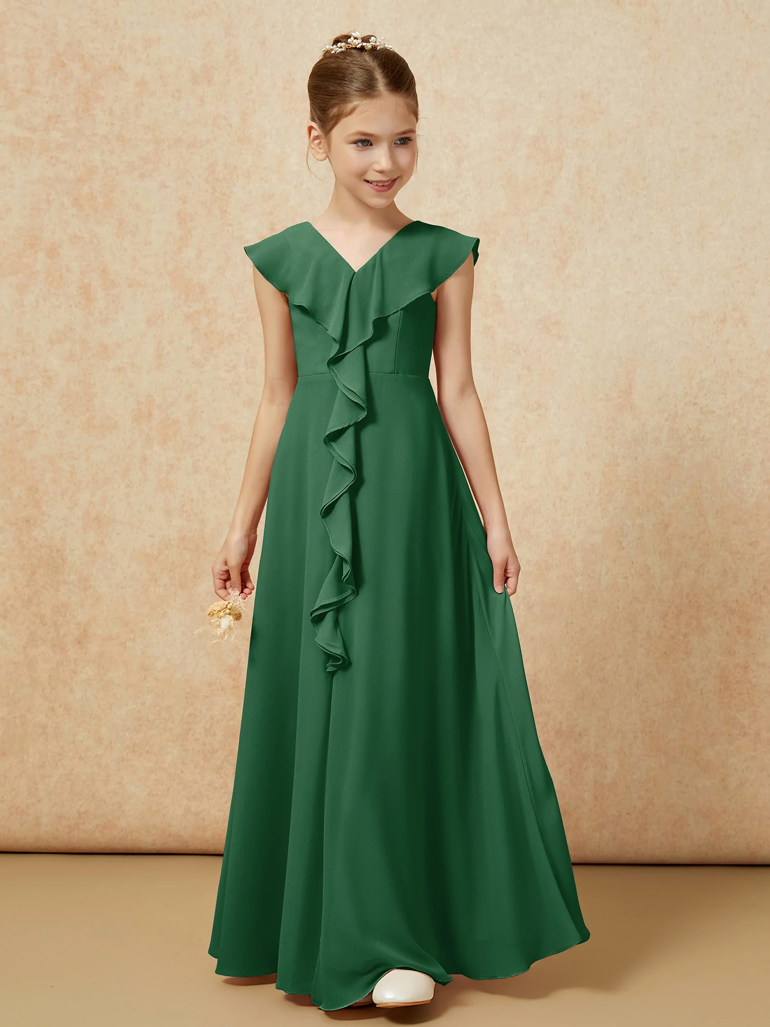 V-neck Ruffle Chiffon Junior Bridesmaid Dresses With Slit Dark Green - Image 5