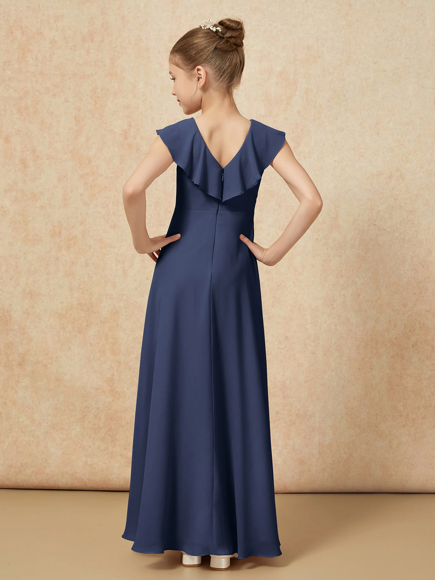 V-neck Ruffle Chiffon Junior Bridesmaid Dresses With Slit Dark Navy - Image 2