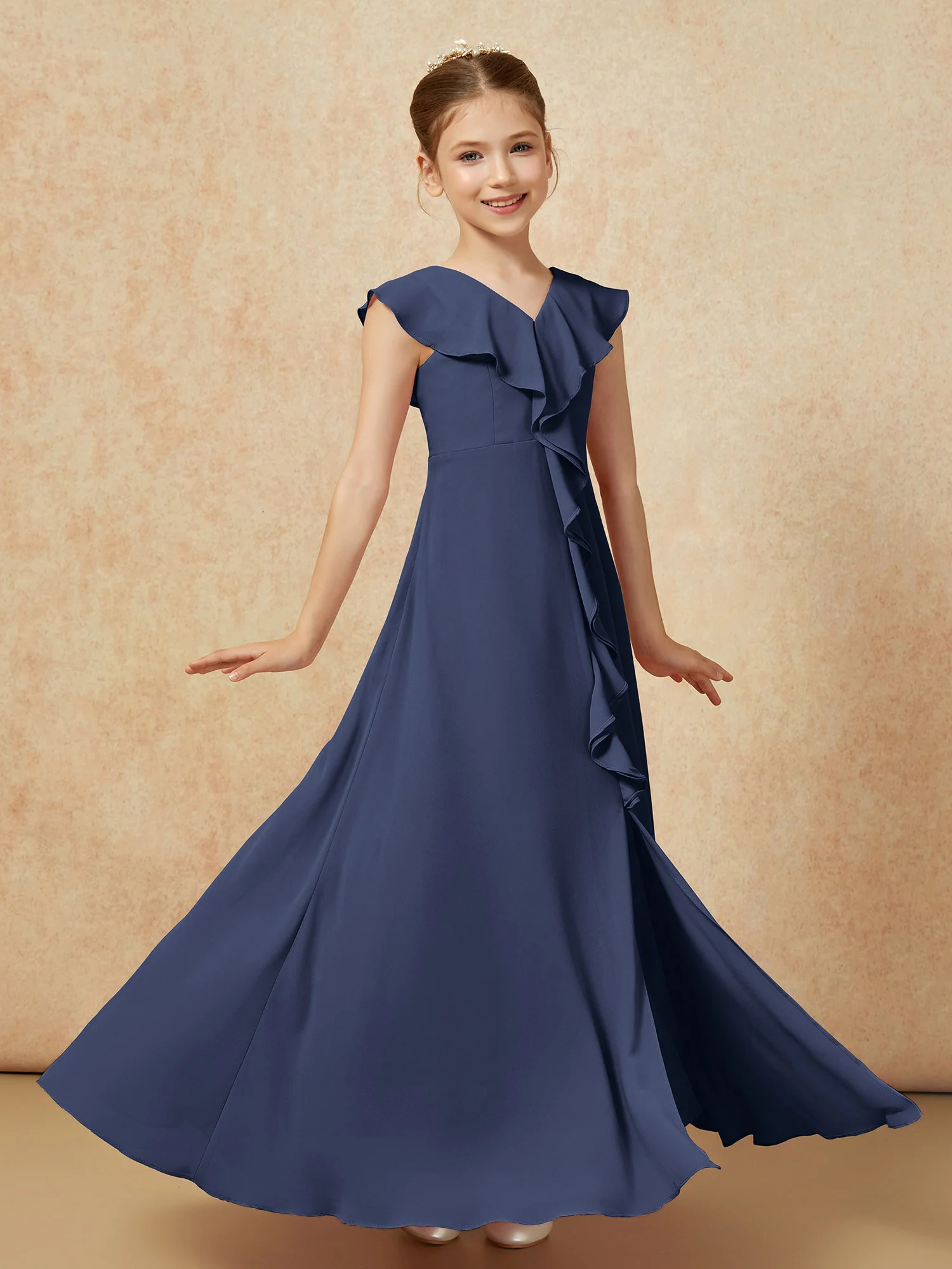 V-neck Ruffle Chiffon Junior Bridesmaid Dresses With Slit Dark Navy - Image 3