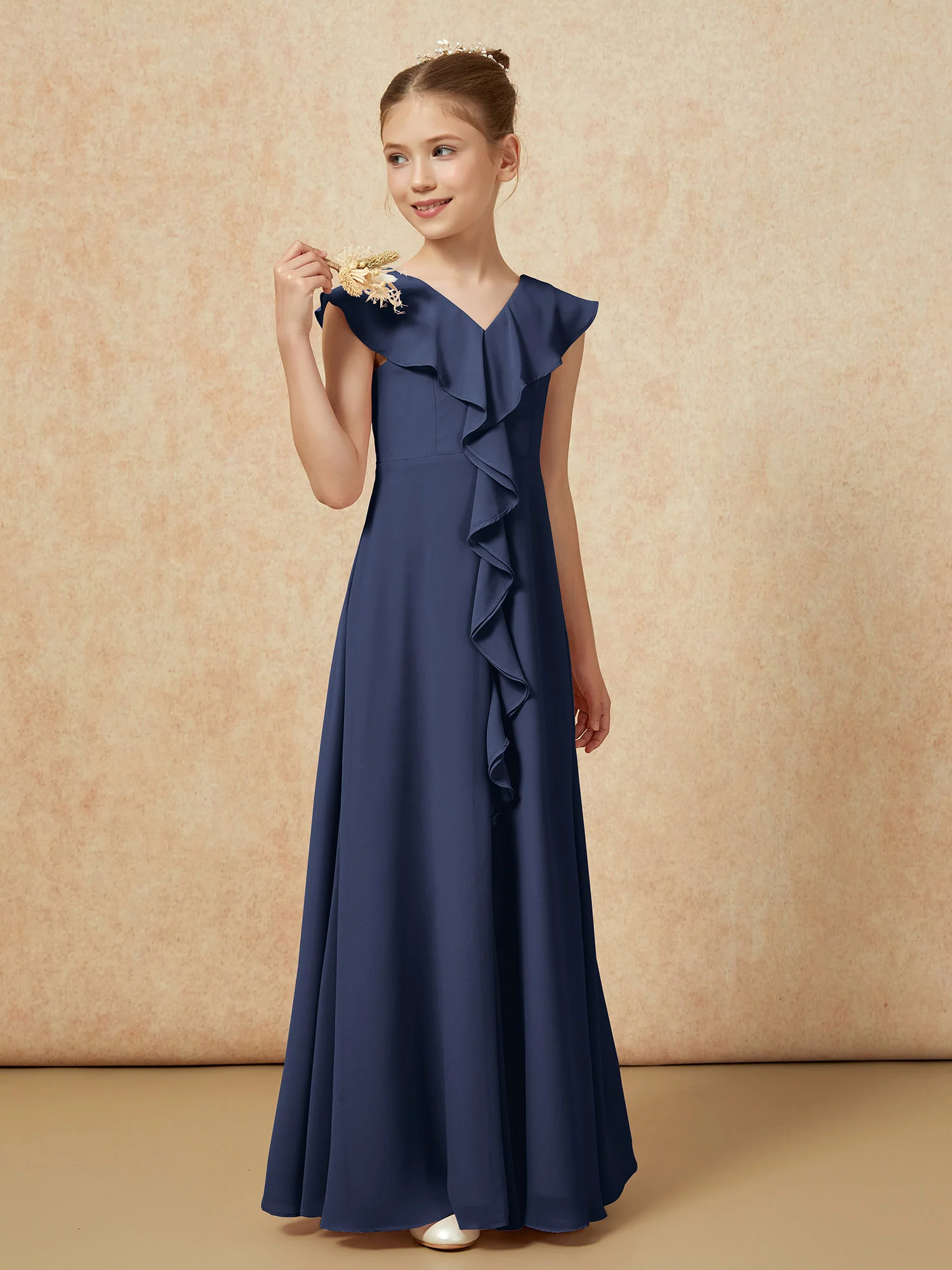 V-neck Ruffle Chiffon Junior Bridesmaid Dresses With Slit Dark Navy - Image 4