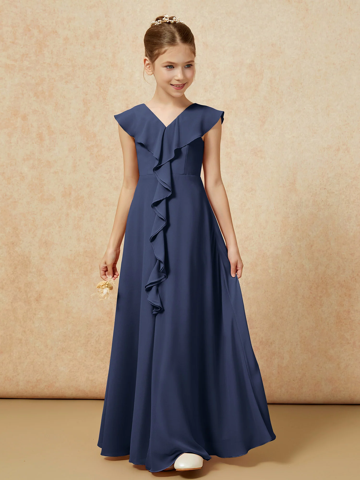 V-neck Ruffle Chiffon Junior Bridesmaid Dresses With Slit Dark Navy - Image 5