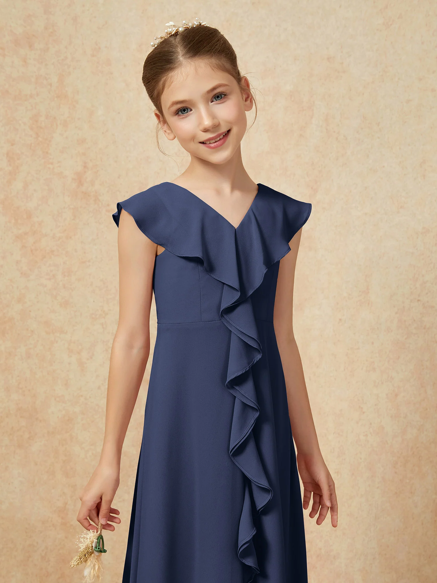 V-neck Ruffle Chiffon Junior Bridesmaid Dresses With Slit Dark Navy - Image 6