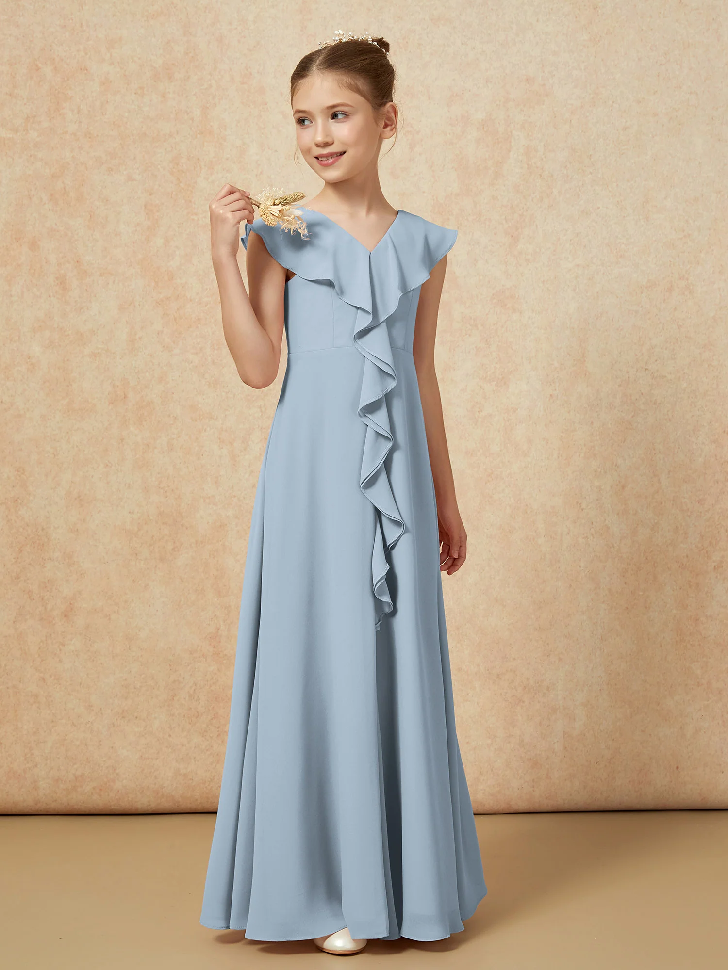 V-neck Ruffle Chiffon Junior Bridesmaid Dresses With Slit Dusty Blue - Image 4